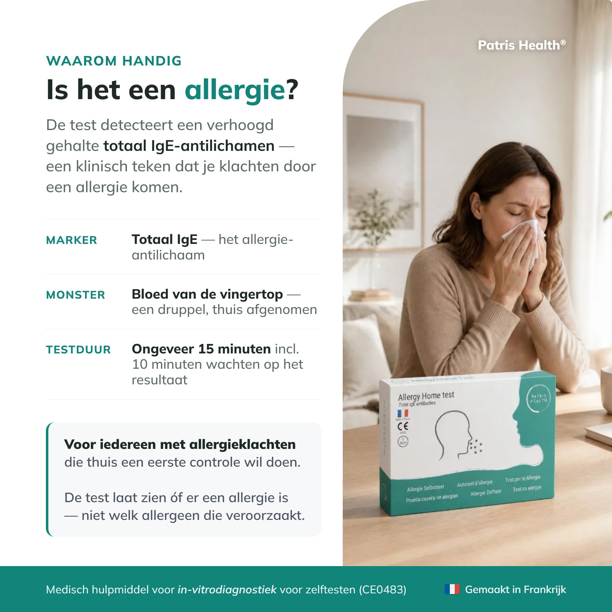 Belangrijke feiten over de snelle allergietest: Specifiek, Nauwkeurig, Betrouwbaar, Snel, Gecertificeerd.