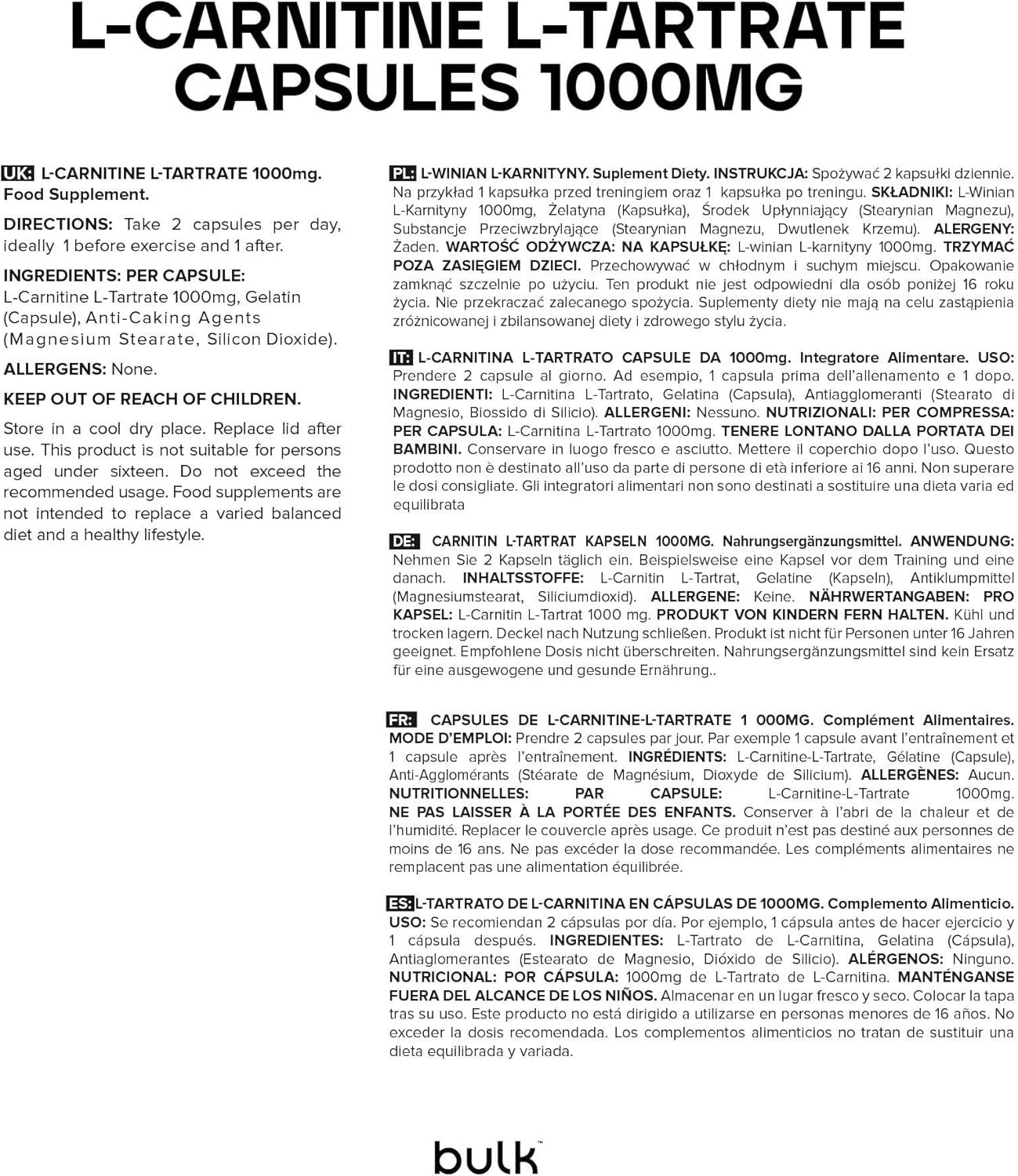 Page de texte avec informations sur les gélules de L-Carnitine L-Tartrate. Contient des informations sur les ingrédients, l'utilisation et les avertissements.