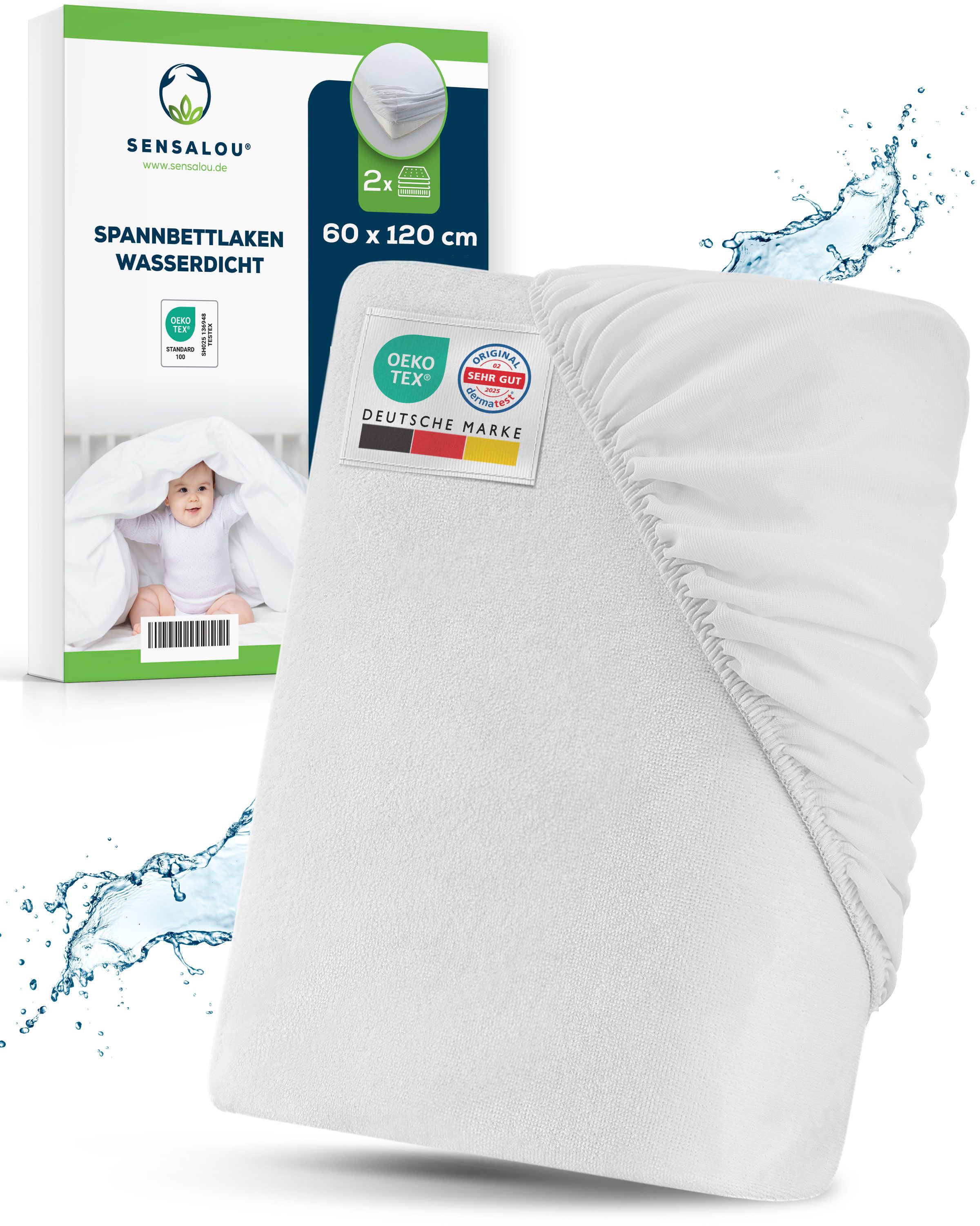 Drap-housse blanc, 60 x 120 cm, imperméable. Emballage avec nom du produit, taille et certifications.