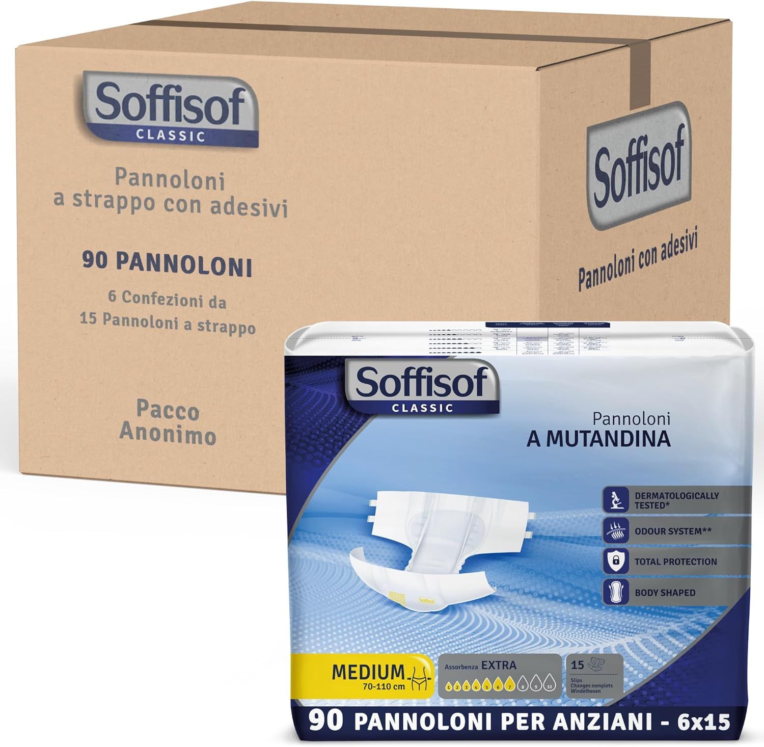 Soffisof Classic Volwassen luiers Extra. Verpakking met luiers en doos. 90 stuks. Medium.