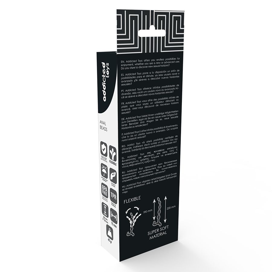 Achterkant van de Addicted Toys analketting verpakking. Bevat productinformatie en symbolen.