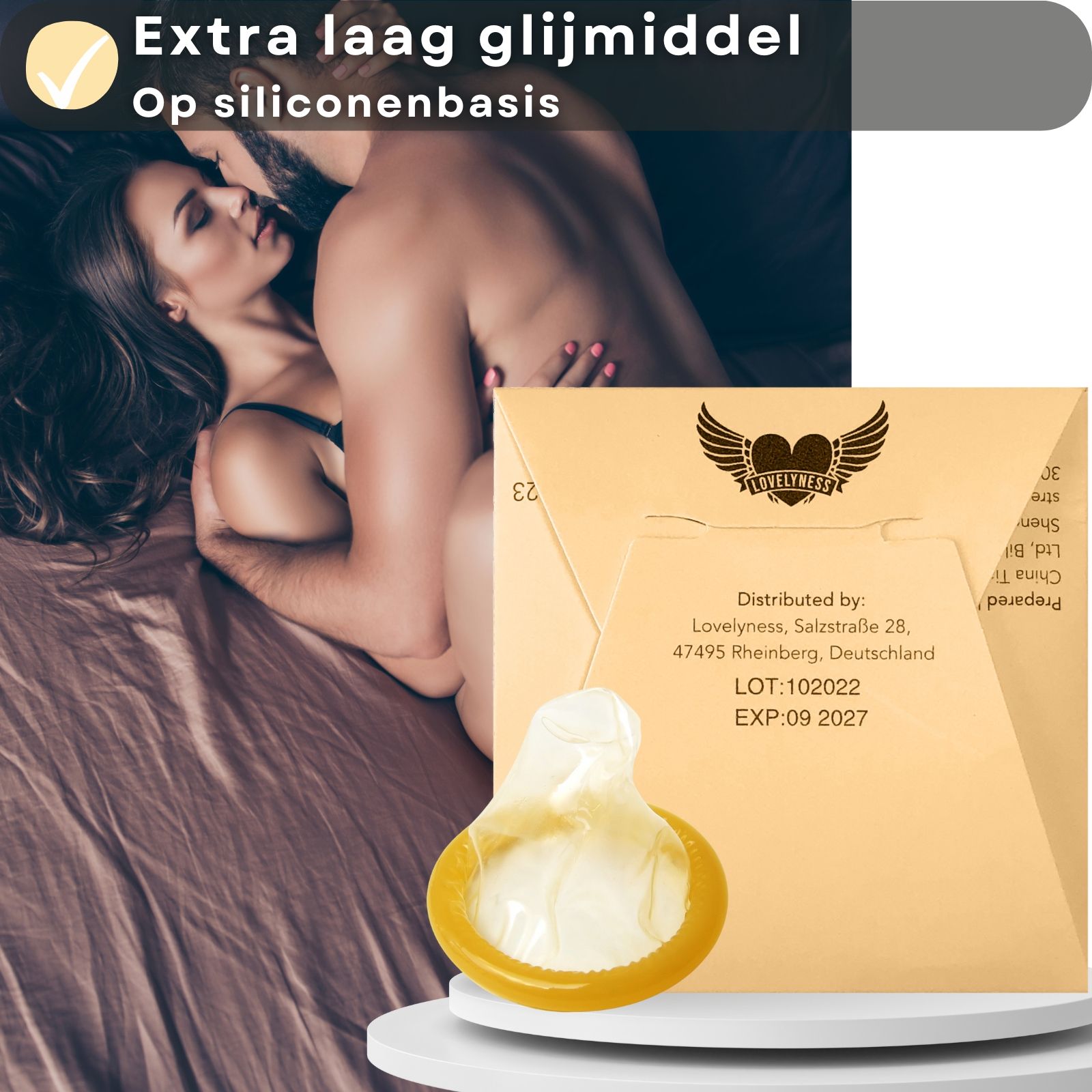 Condo verpakking en condo. Tekst: Individueel verpakt, voor maximale veiligheid onderweg. Logo: Peach.