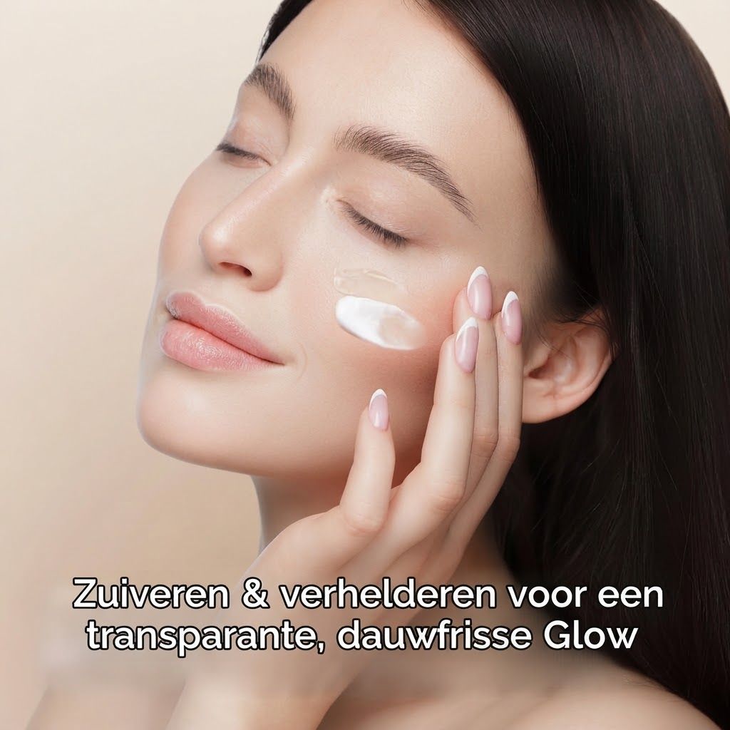 Vrouw brengt witte gezichtscrème aan op haar wang. Haar ogen zijn gesloten.