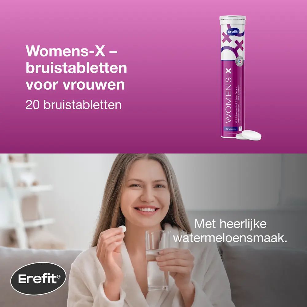 Productverpakking "Erefit Womens-X". Vrouw drinkt water. 20 tabletten. Met watermeloensmaak.