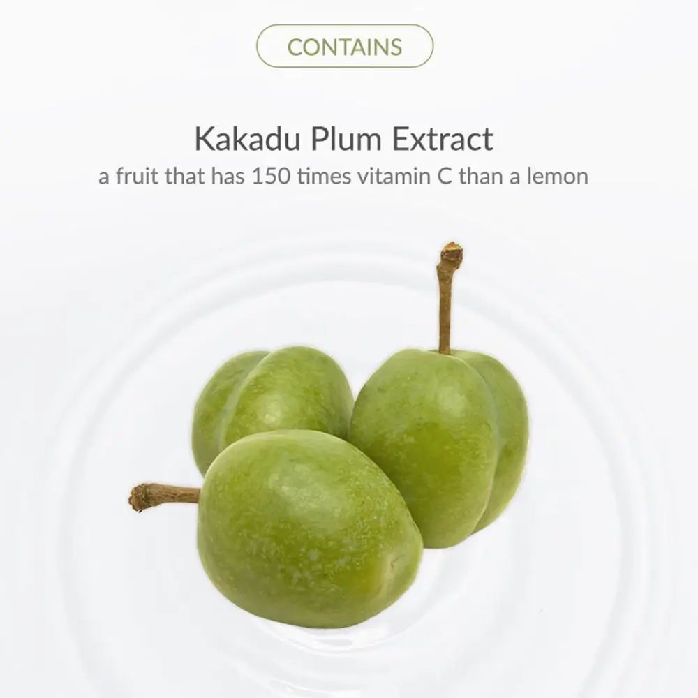 Trois prunes de Kakadu vertes sur fond blanc. Texte : Contient de l'extrait de prune de Kakadu.