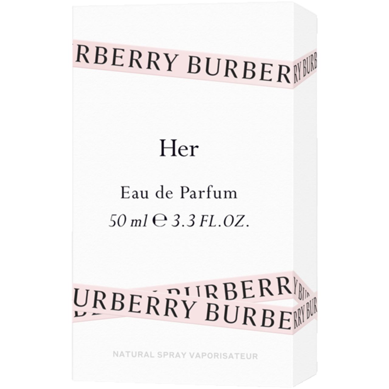 Emballage Burberry Her Eau de Parfum. Inscription : Burberry, Her, Eau de Parfum, 50 ml.