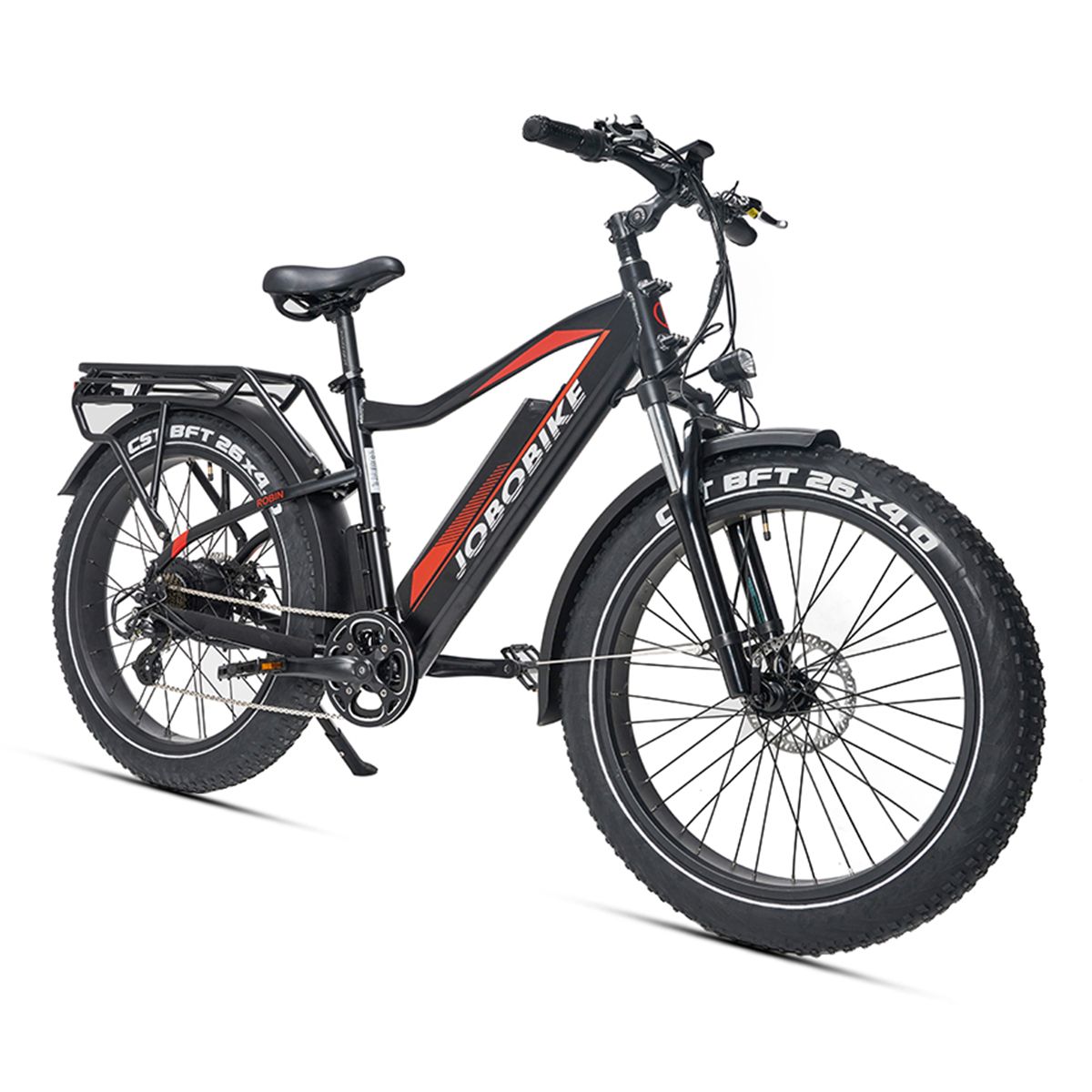 Vélo électrique JOBOBIKE Robin noir avec accents rouges. Gros pneus, porte-bagages, garde-boue. Logo JOBOBIKE sur le cadre.