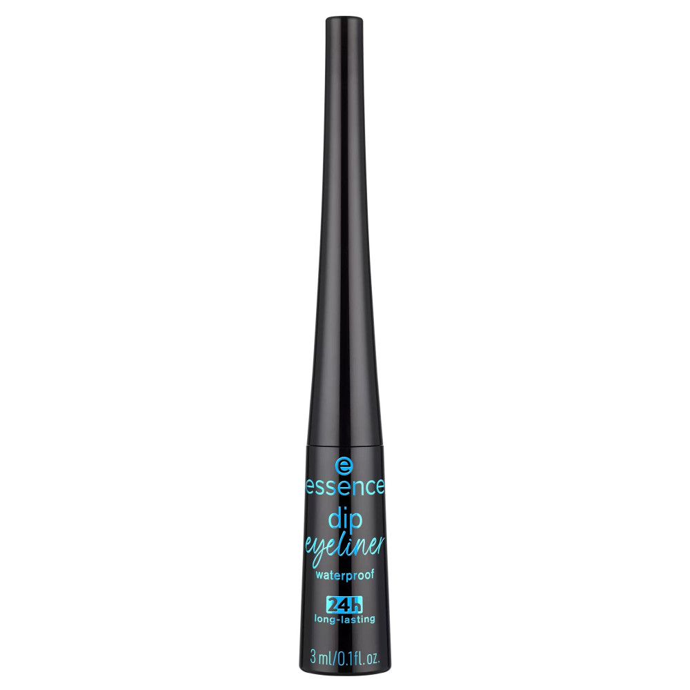 Eyeliner noir avec applicateur. Sur le flacon : "Essence dip eyeliner waterproof 24h".