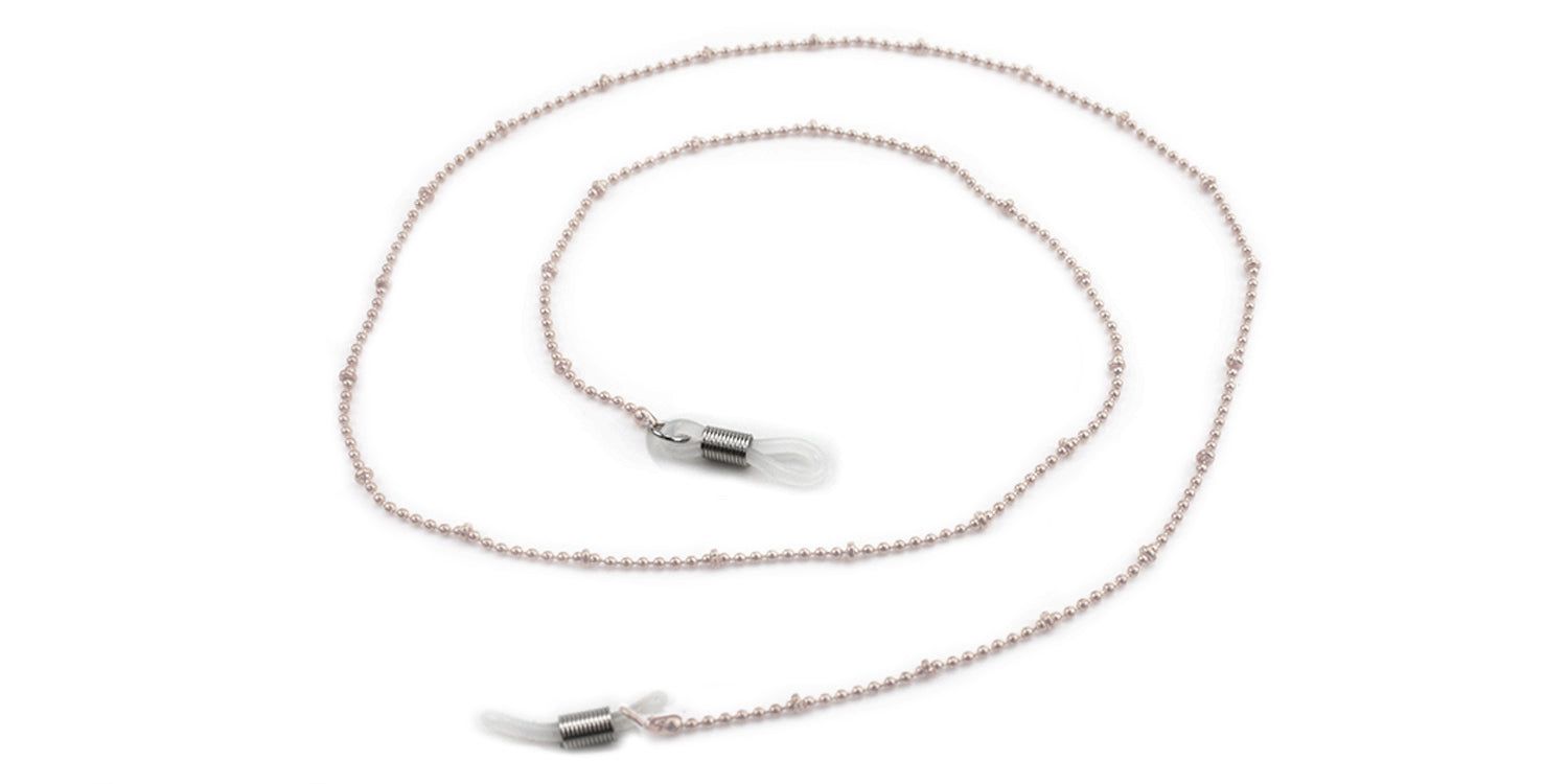 Brillenketting met kogelvormige schakels en siliconen lussen. Lichtgrijs. Bovenaanzicht.
