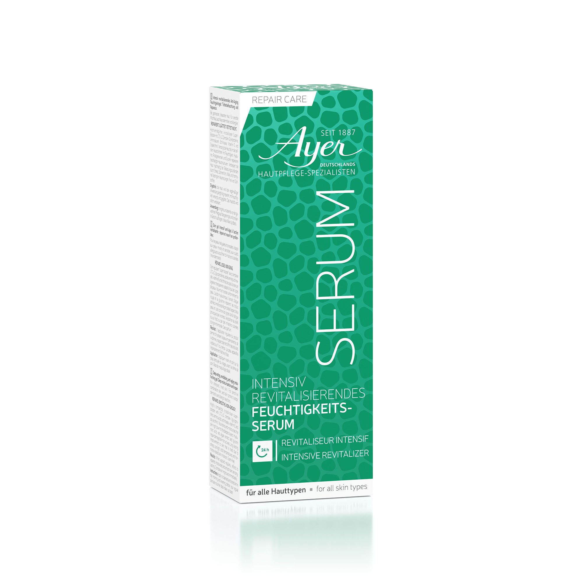 Ayer Repair Care serumverpakking. Groen en wit, met productinformatie en logo. Tekst: Intensief revitaliserend vochtserum.