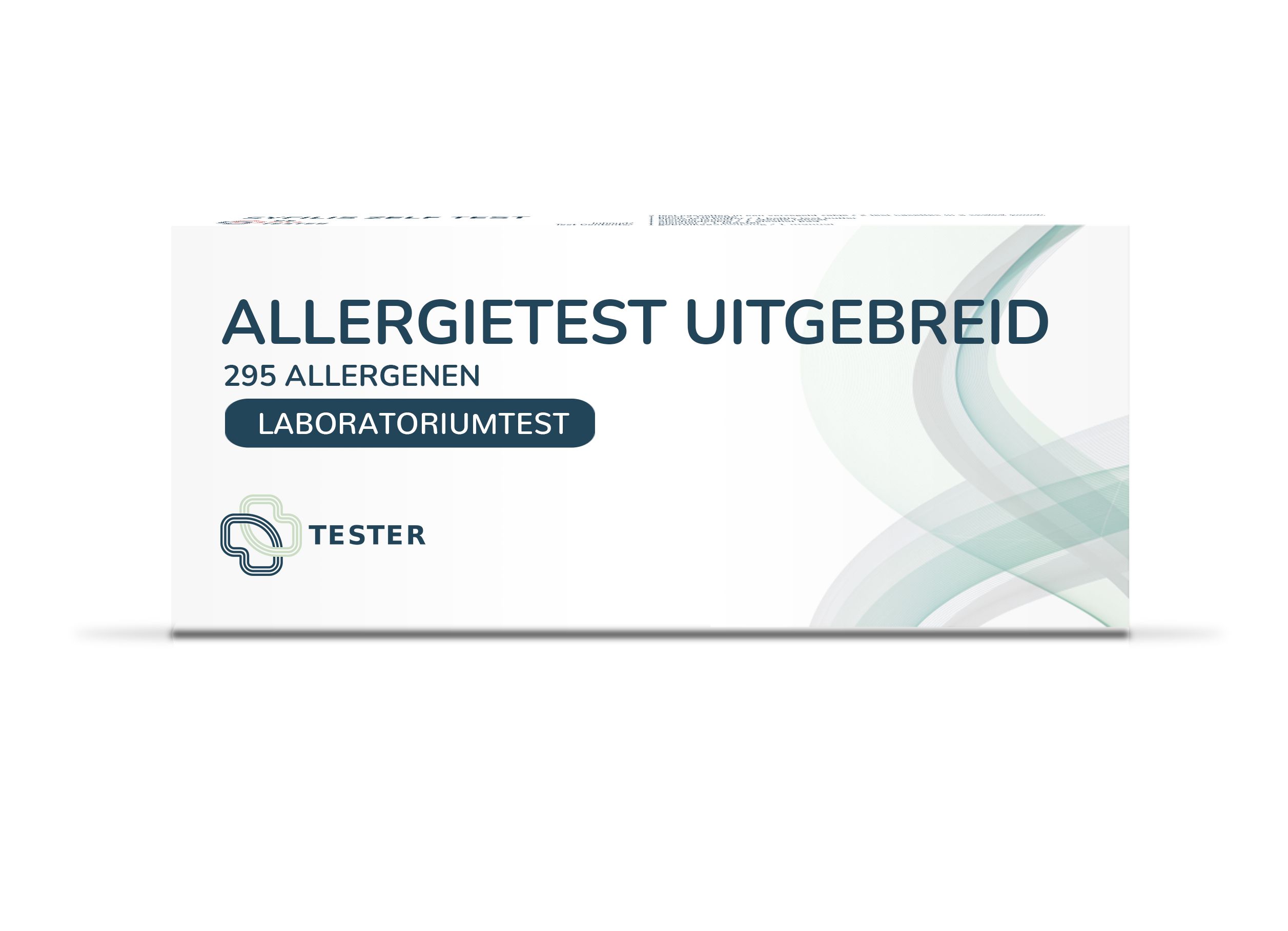 Boîte blanche avec texte "ALLERGIETEST UITGEBREID". Contient 295 allergènes. Logo et texte "TESTER".