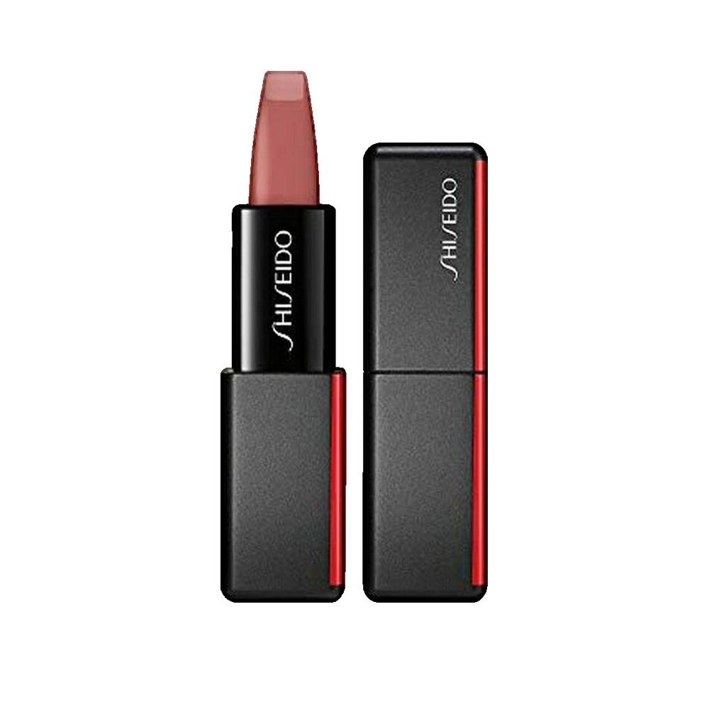 Shiseido Modern Matte 506 lipstick, zwarte huls met rode lijn. De lipstick is open en toont een roze punt. Met "SHISEIDO" merknaam.