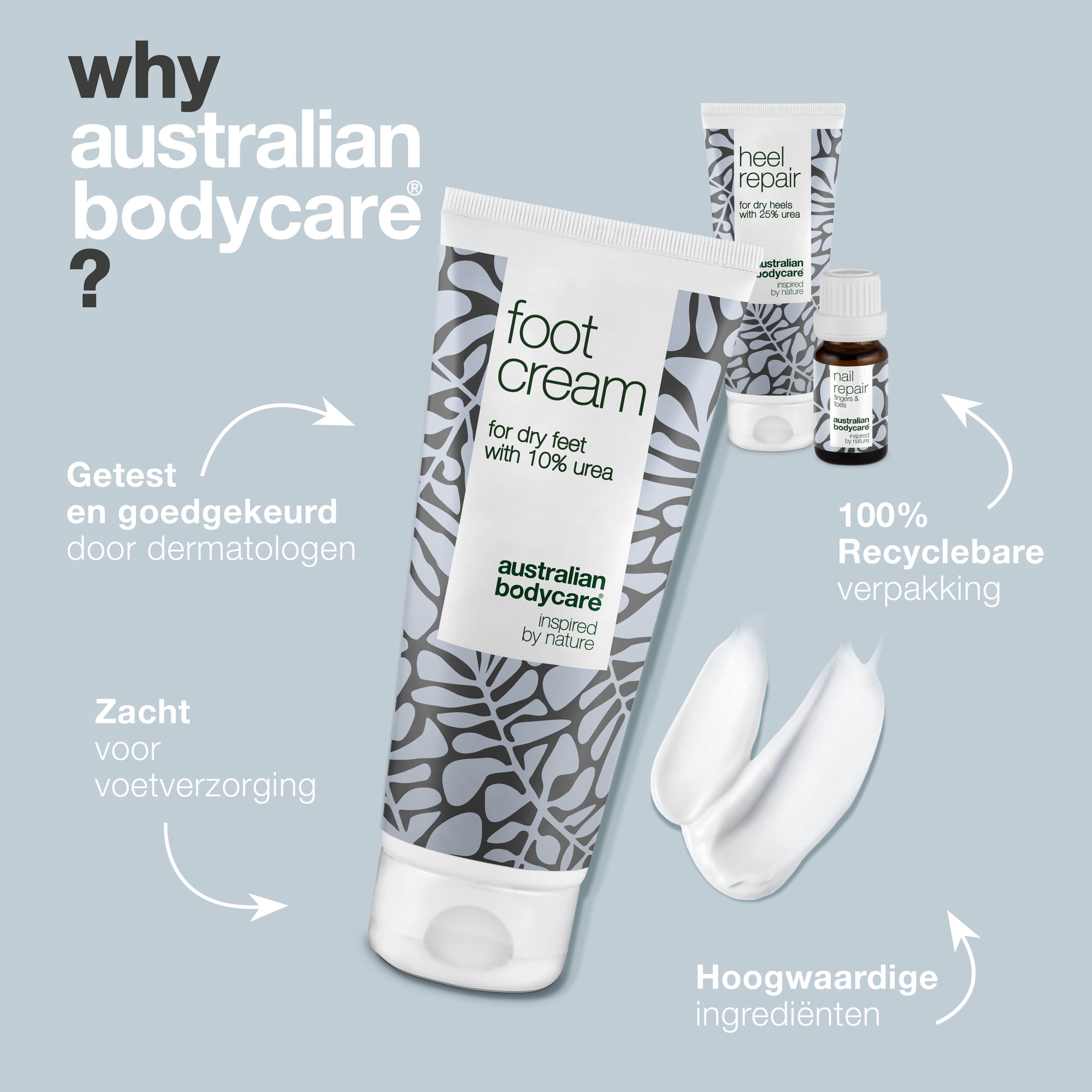 Een tube Foot Cream en crème. Opschrift: Foot Cream. Merk: Australian Bodycare. Tekst: Waarom Australian Bodycare?