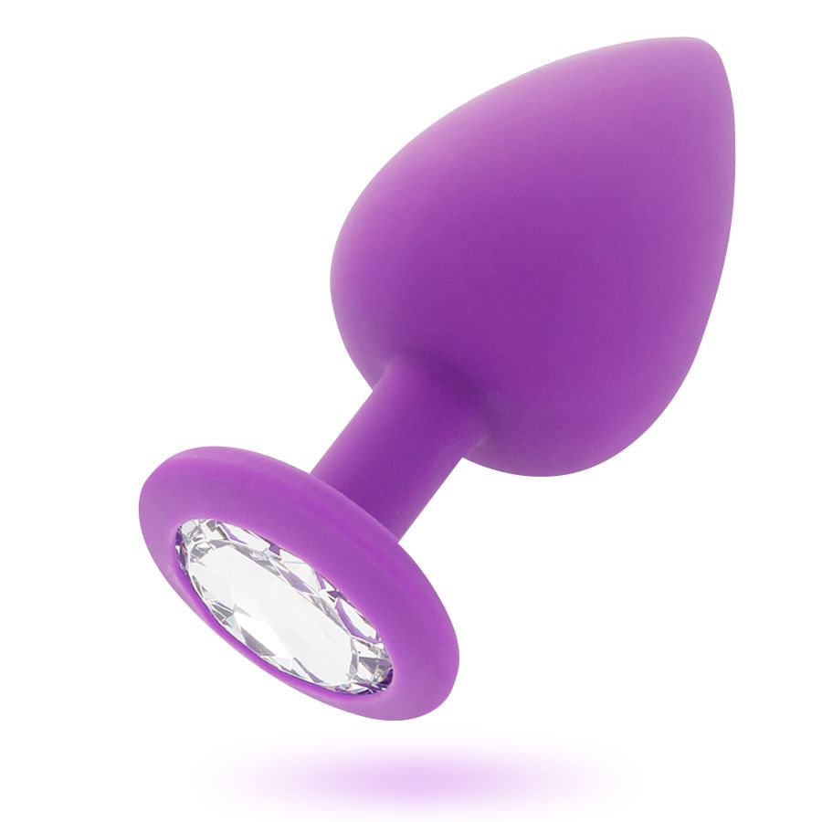 Paarse anale plug met platte flens en kristallen inzet.