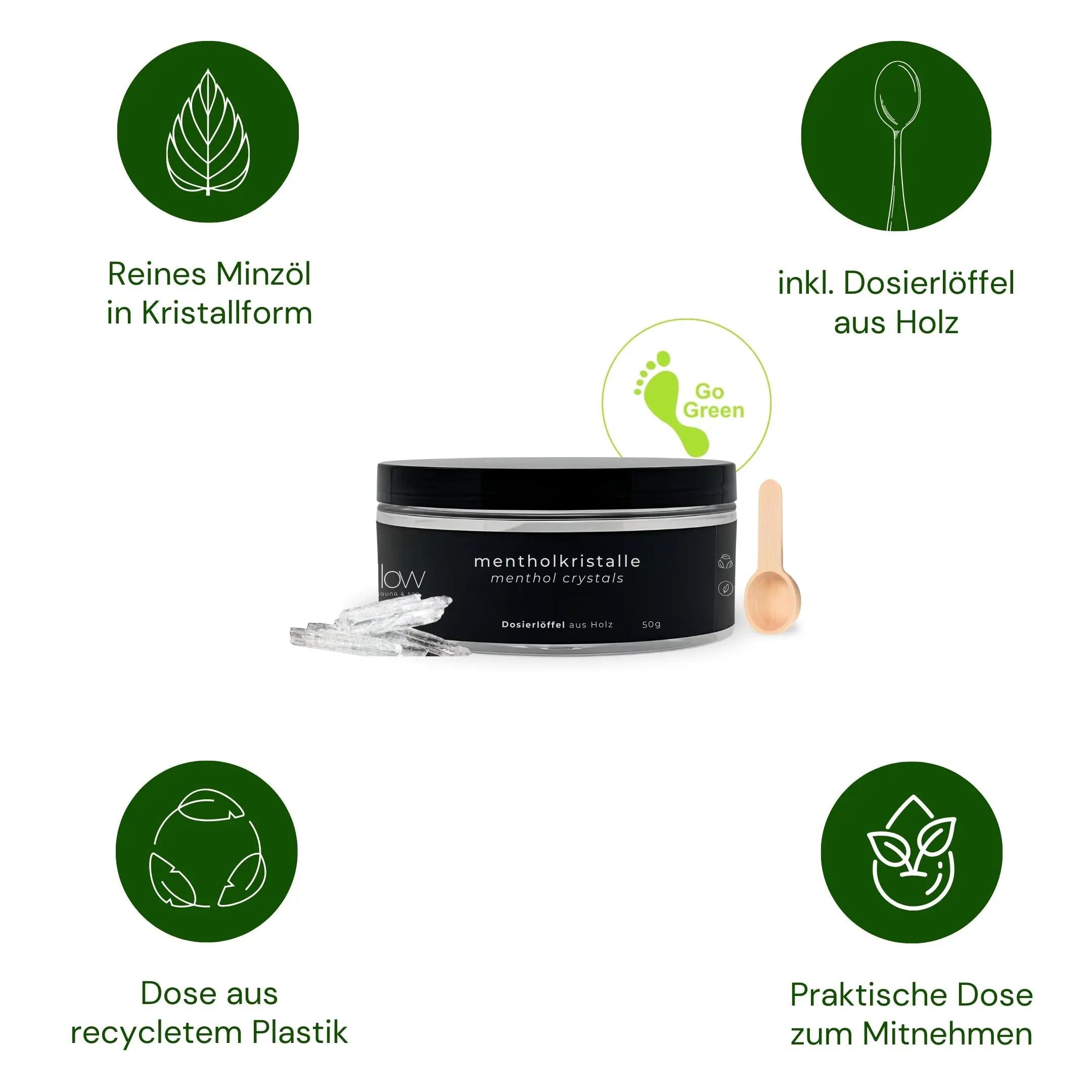 Pot de cristaux de menthol, cuillère en bois, boîte recyclée, feuilles vertes. Texte : Huile de menthe pure, cuillère doseuse incluse, boîte pratique.