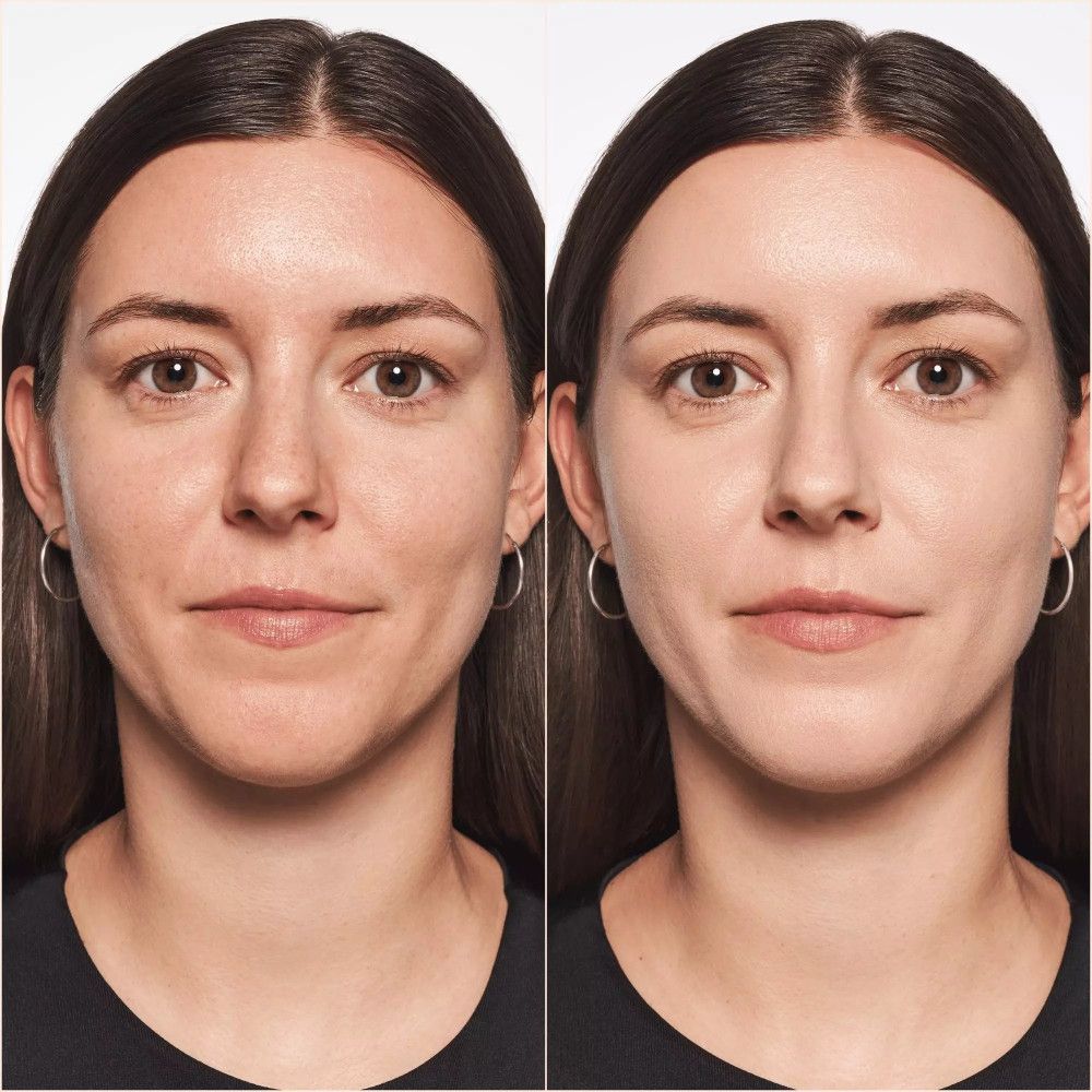 Comparaison avant-après. Femme avec et sans fond de teint. Différence notable sur la peau.