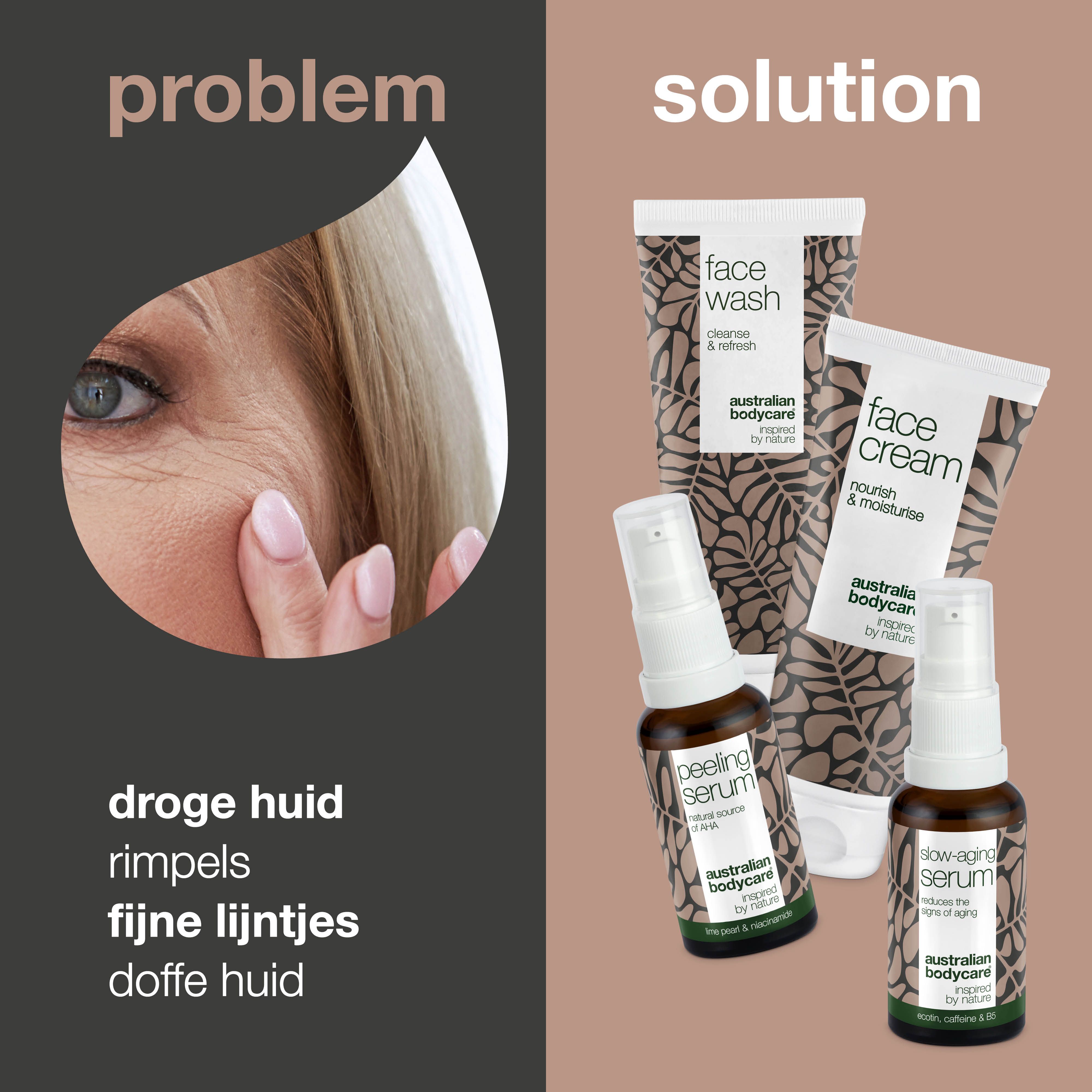 Probleem: droge huid, rimpels, fijne lijntjes, doffe huid. Oplossing: producten van Australian Bodycare.