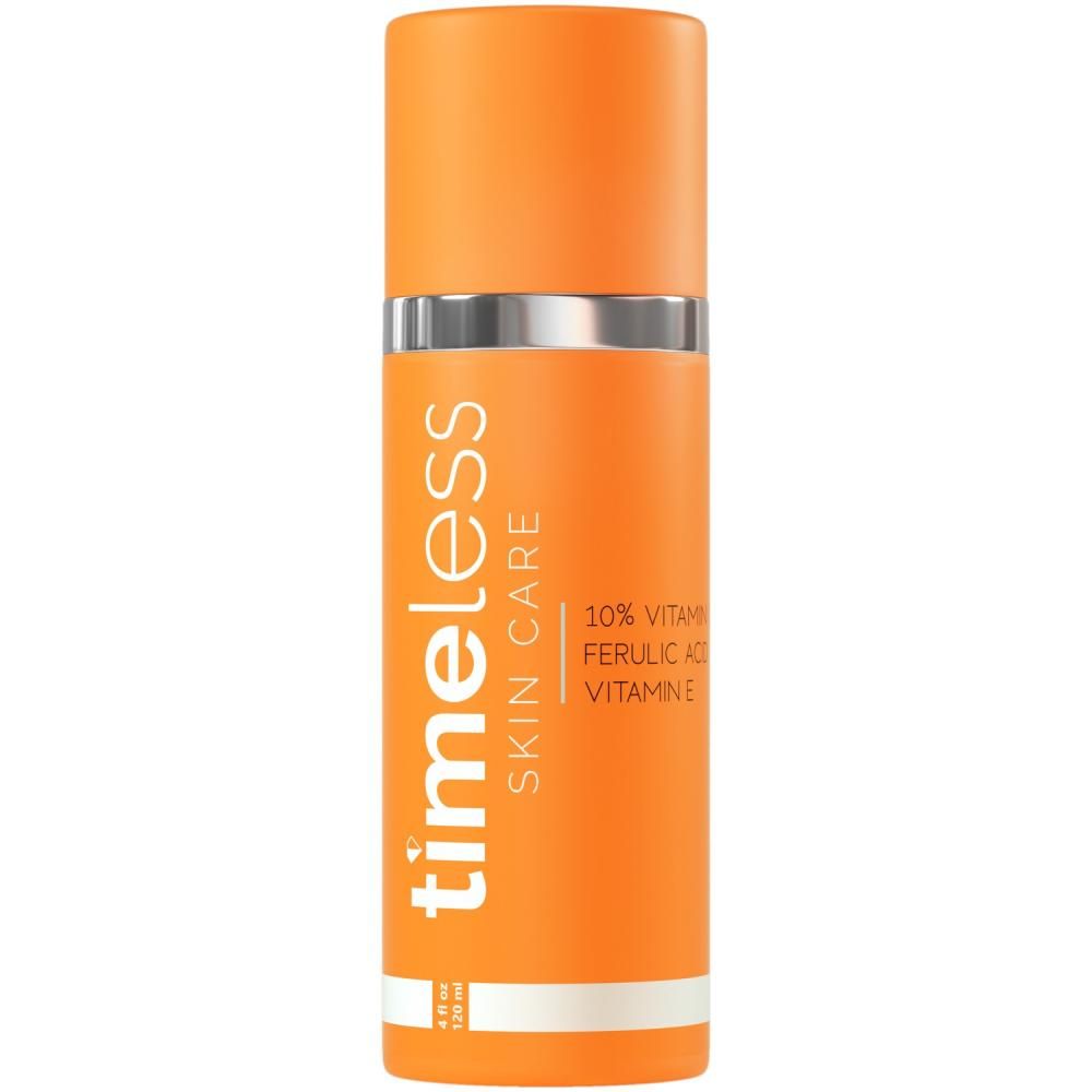 Oranje fles met wit etiket. Opschrift: Timeless Skin Care, 10% Vitamine C + E Ferulazuur Vitamine E.