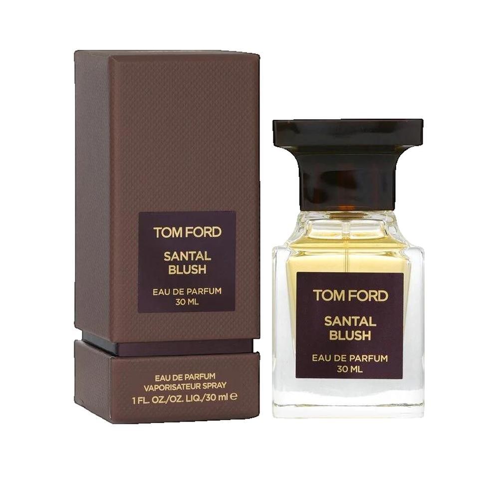 Flacon transparent et emballage avec étiquette. Texte: Tom Ford Santal Blush Eau de Parfum 30 ml.