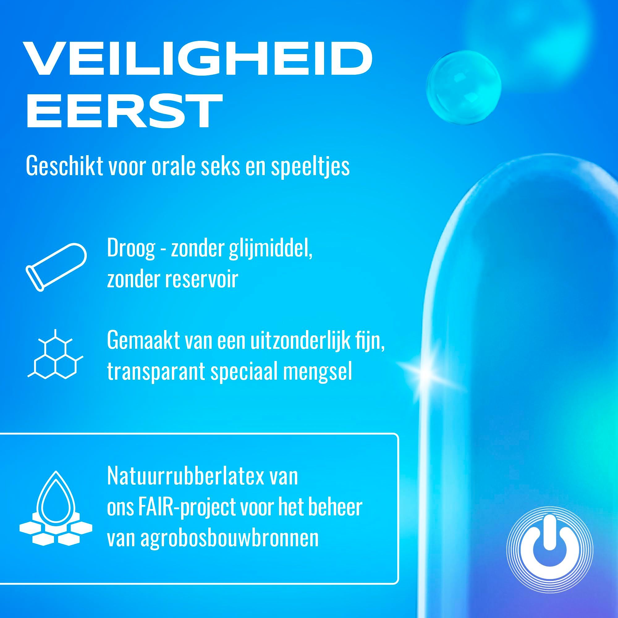 Verpakking van 100 condooms, blauw en wit, met CE-markering.