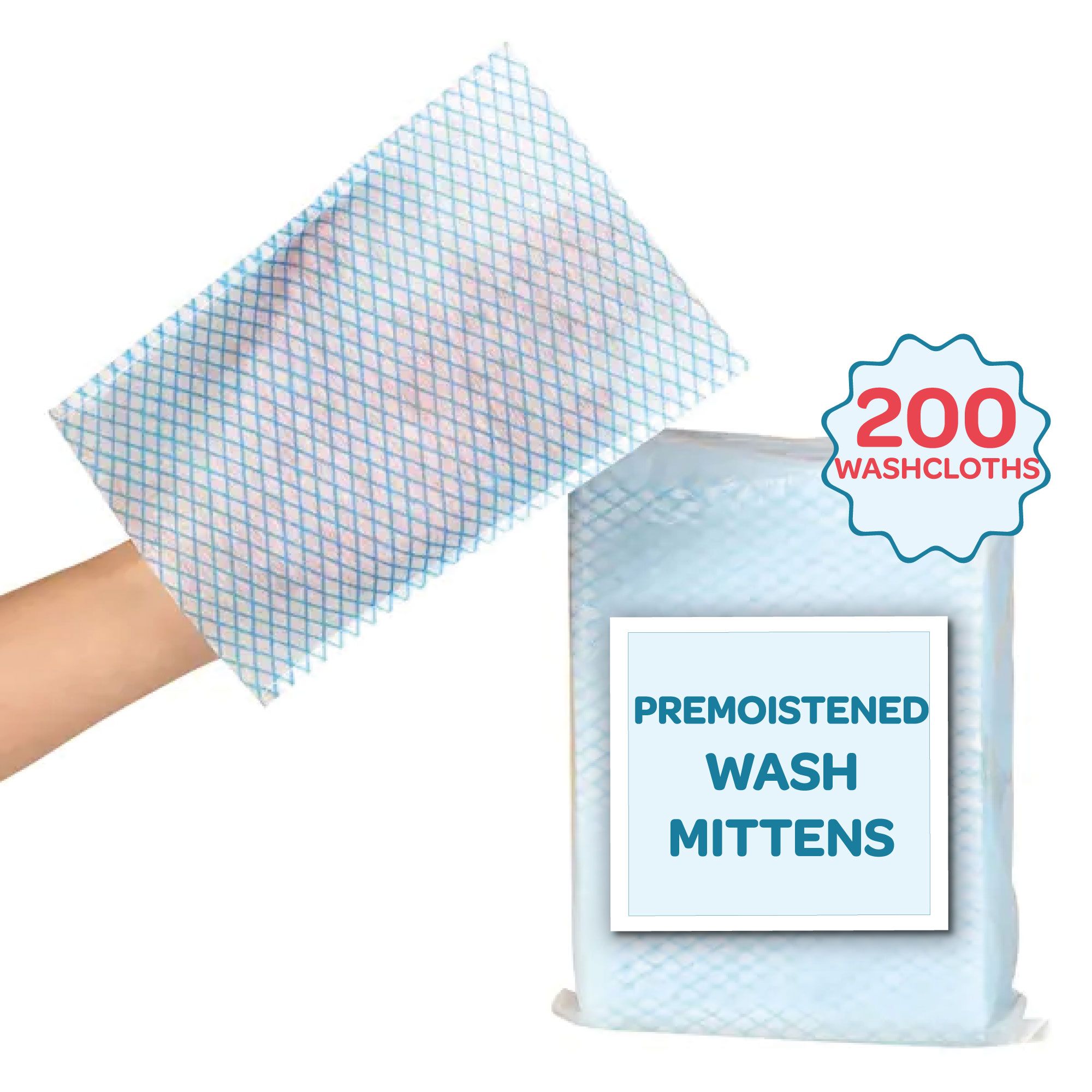 Waskom, blauw rasterpatroon, in de hand gehouden. Verpakking met 200 stuks, tekst: PREMOISTENED WASH MITTENS.