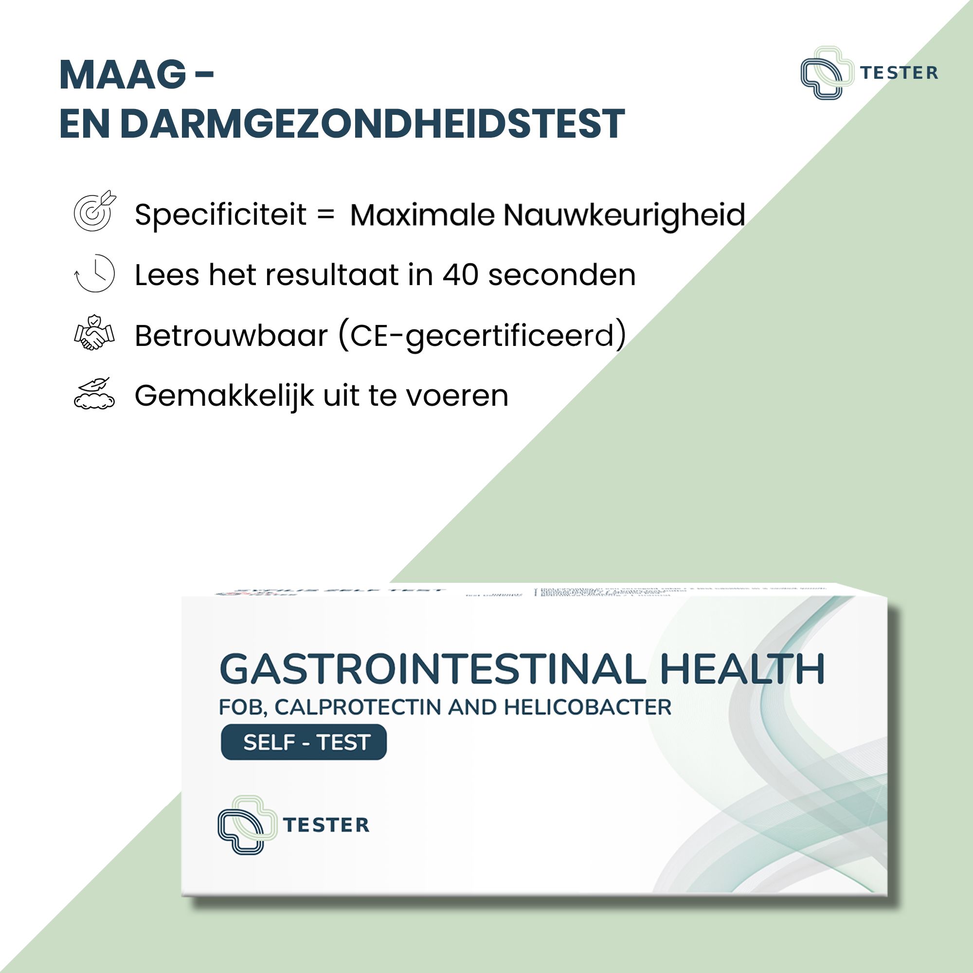 Kartonnen verpakking met tekst 'GASTROINTESTINAL HEALTH SELF-TEST' en logo 'TESTER'. Tekst: Specificiteit = Maximale nauwkeurigheid, etc.