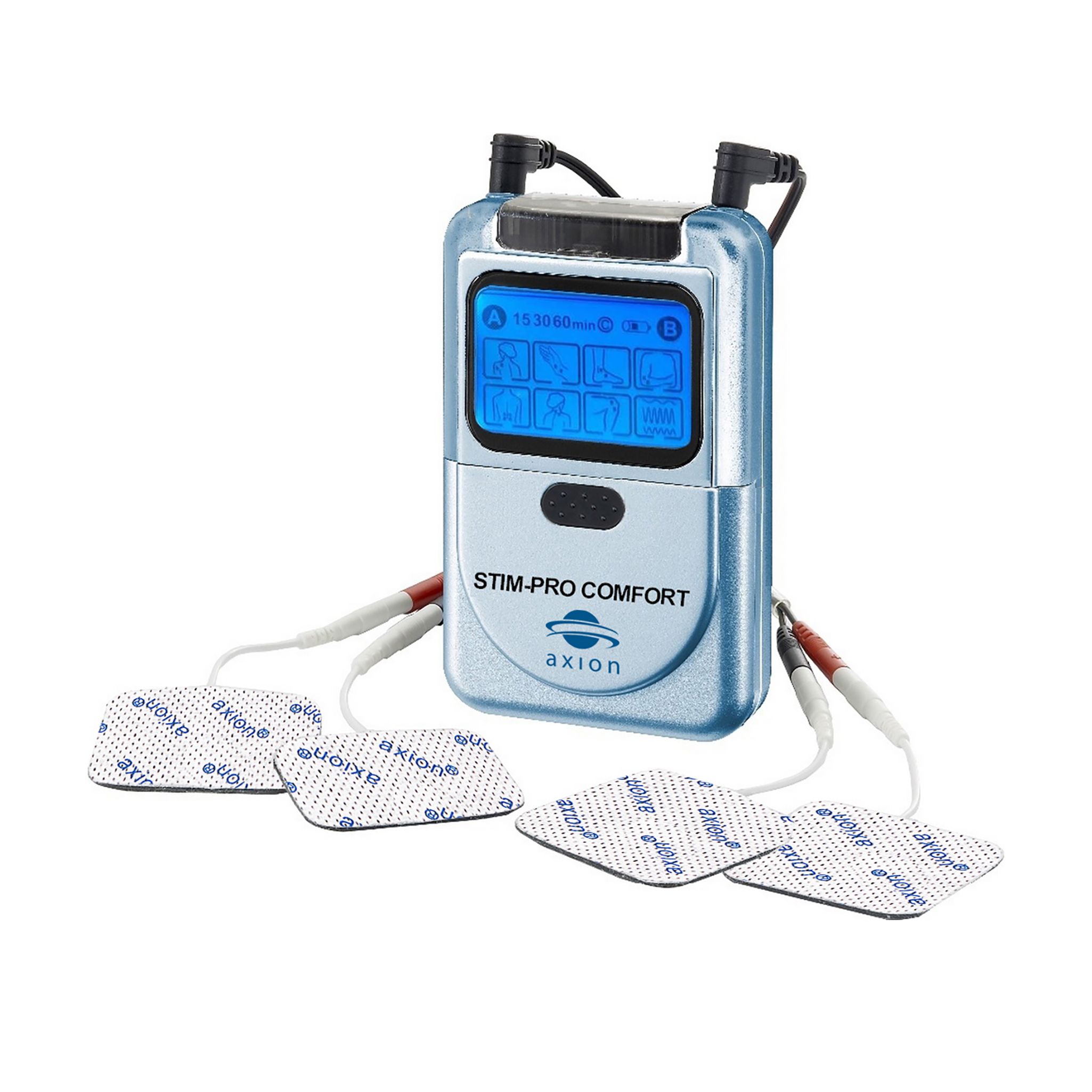 Appareil TENS avec électrodes et câbles. axion STIM-PRO COMFORT. Appareil argenté avec écran.
