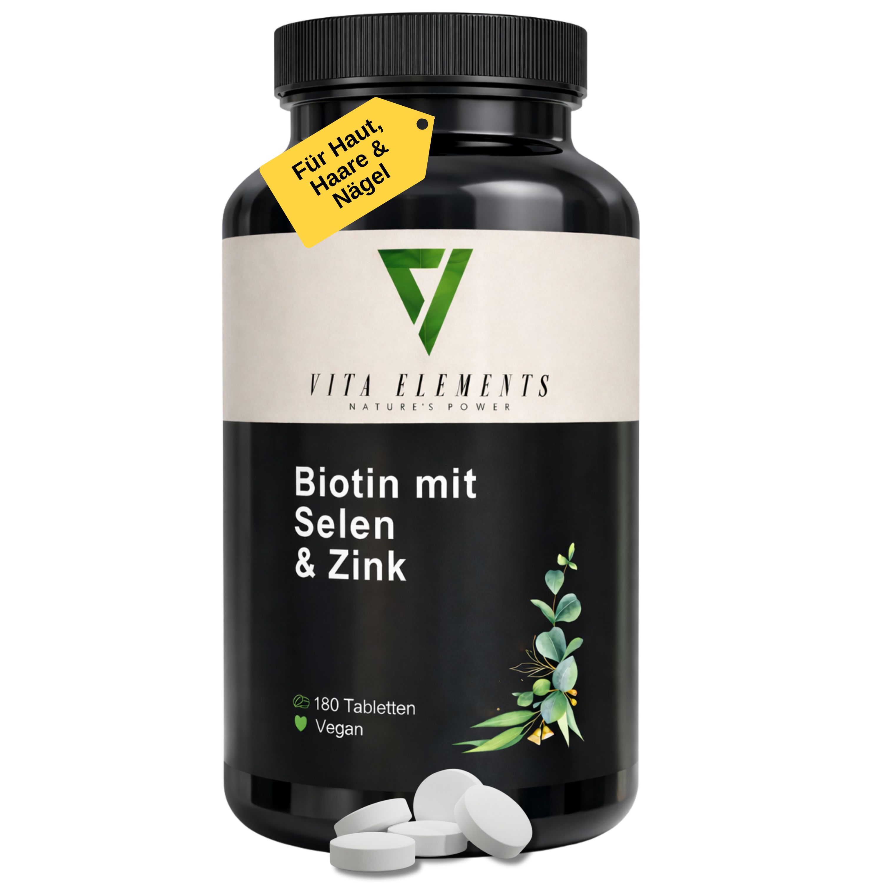 Flacon noir Vita Elements Biotine avec Sélénium & Zinc. 180 comprimés, végétalien. Étiquette jaune : Pour la peau, les cheveux et les ongles.
