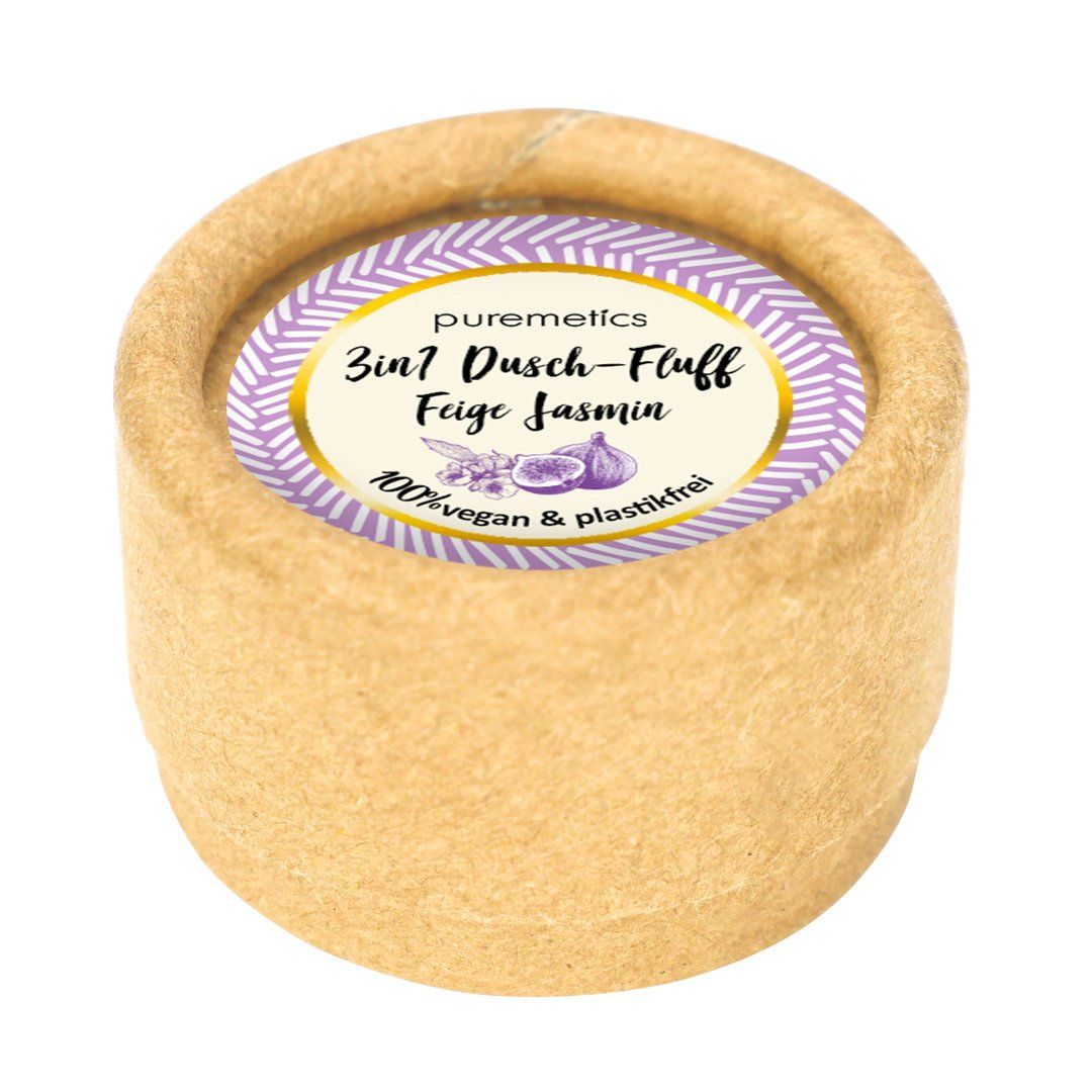 Pot avec couvercle. Inscription: 3in1 Dusch-Fluff Feige Jasmin. 100% vegan & sans plastique.