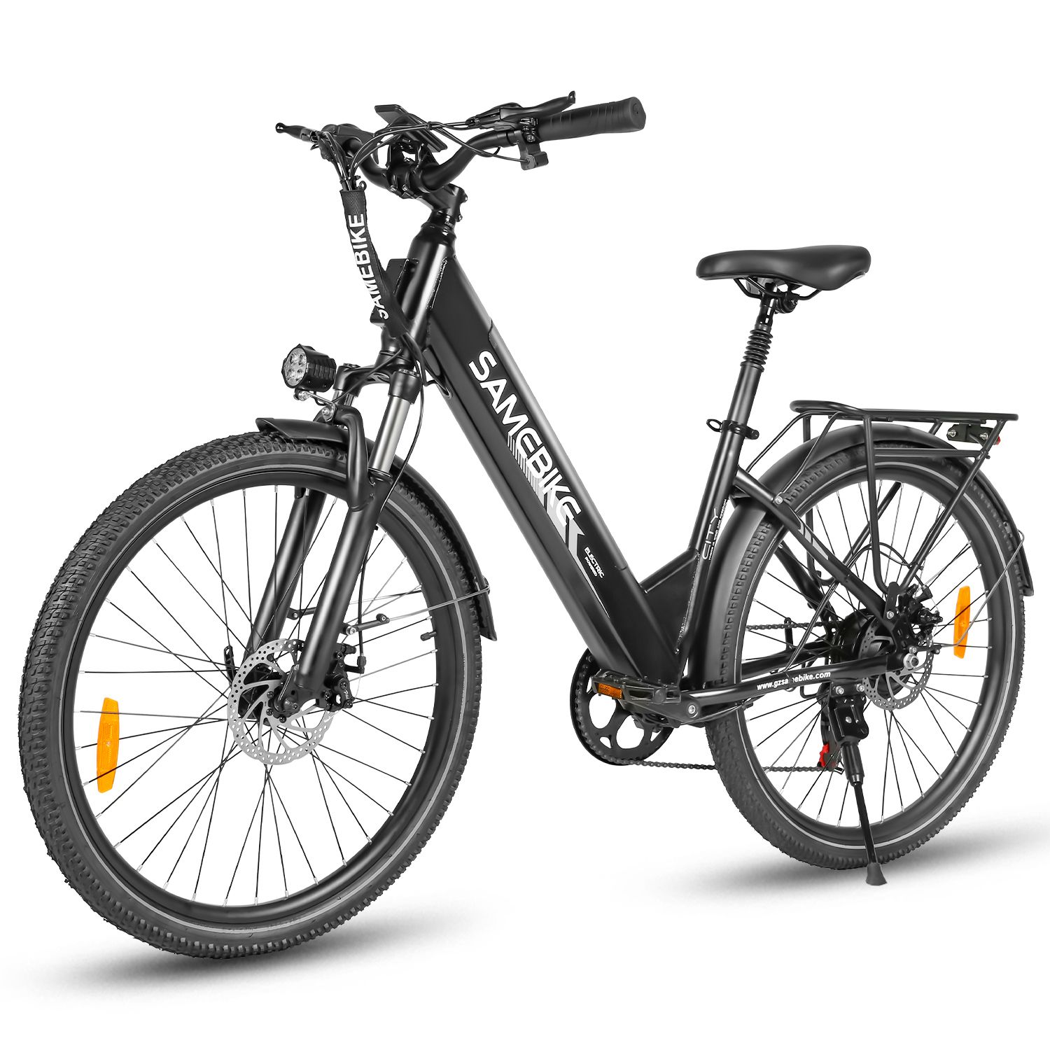 Zwarte SAMEBIKE RS-A01 Pro-T e-bike. Bagagedrager, spatborden, koplamp en achterlicht.