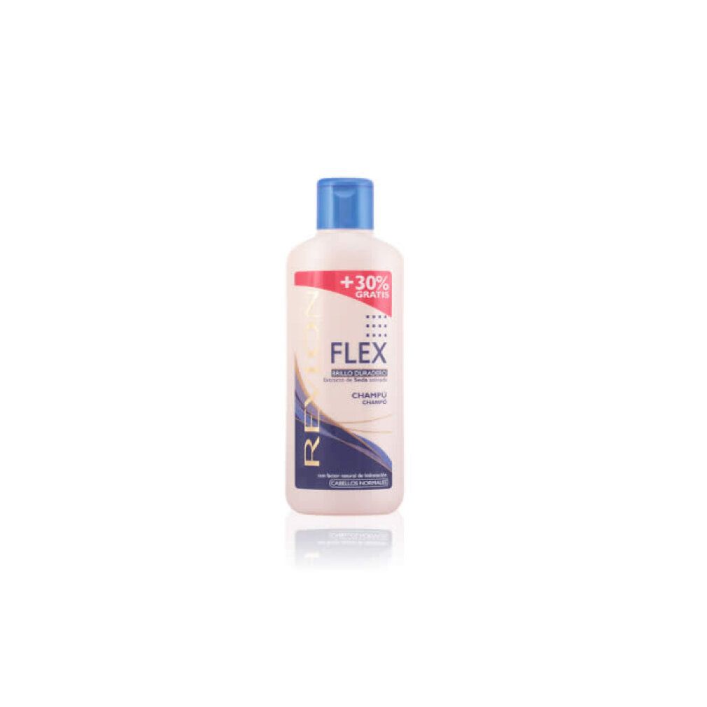 Bouteille de Revlon Flex Normal Hair Shampoo avec bouchon bleu et étiquette indiquant +30% gratuit.