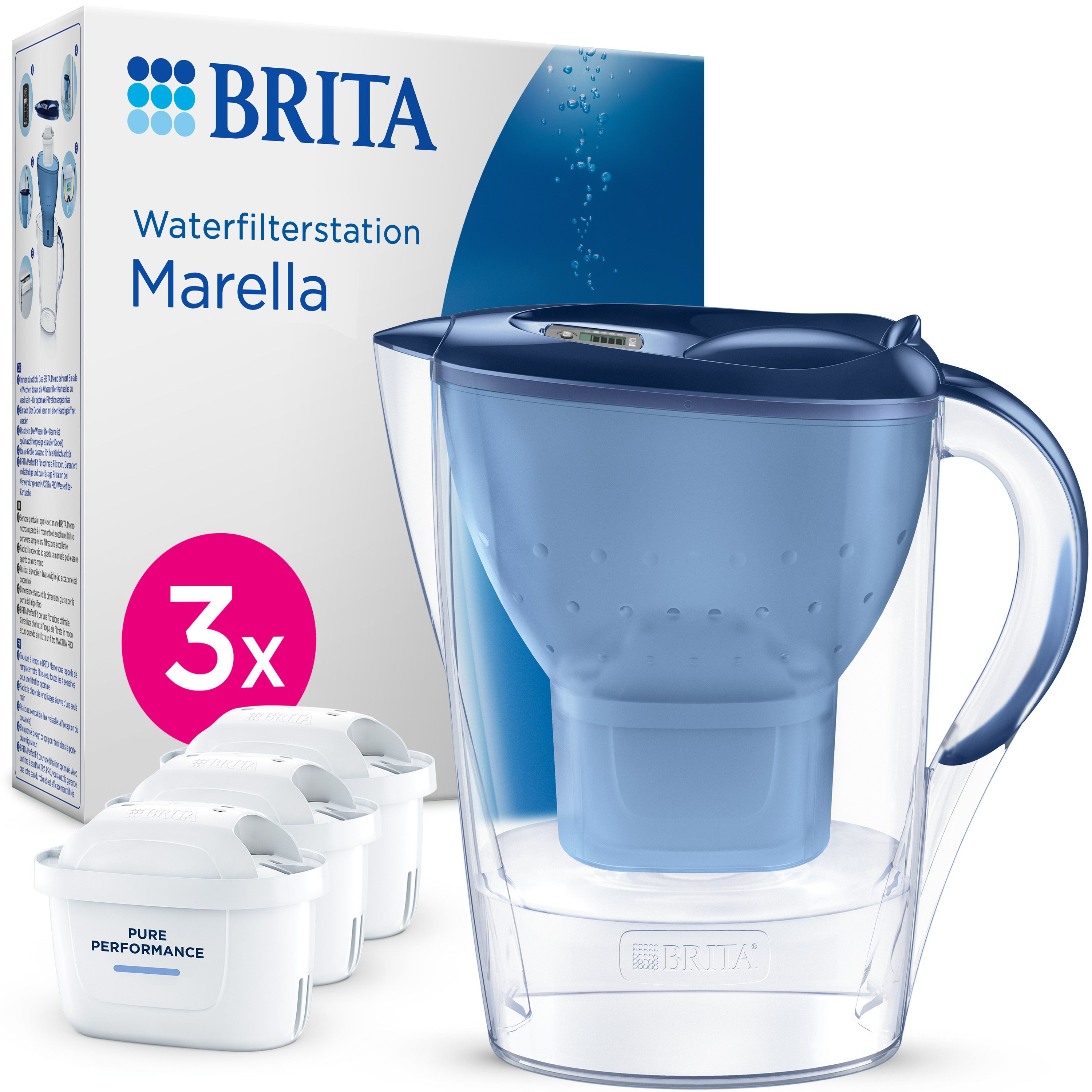 Carafe filtrante Brita Marella, bleue, avec 3 filtres, capacité 2,4L.