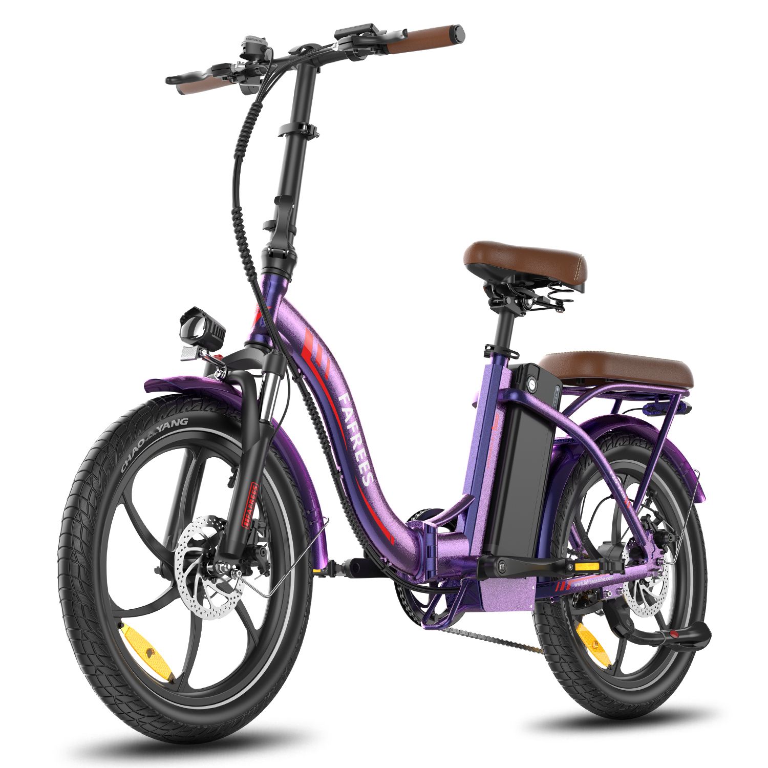 Vélo électrique pliable violet, selle et porte-bagages marron. Pneus, jantes et batterie noirs. Marque FAFREES.