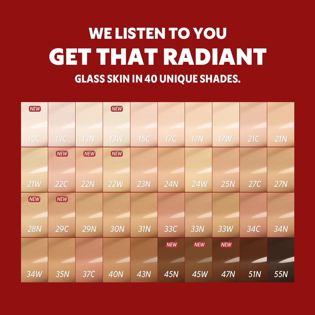 Palette de 40 teintes de fond de teint. Texte : « Get that radiant glass skin in 40 unique shades. »