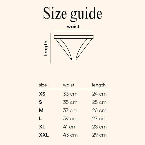 Tableau des tailles pour culottes bikini. Tailles XS à XXL. Mesures en cm : taille et longueur. Forme de slip dessinée.