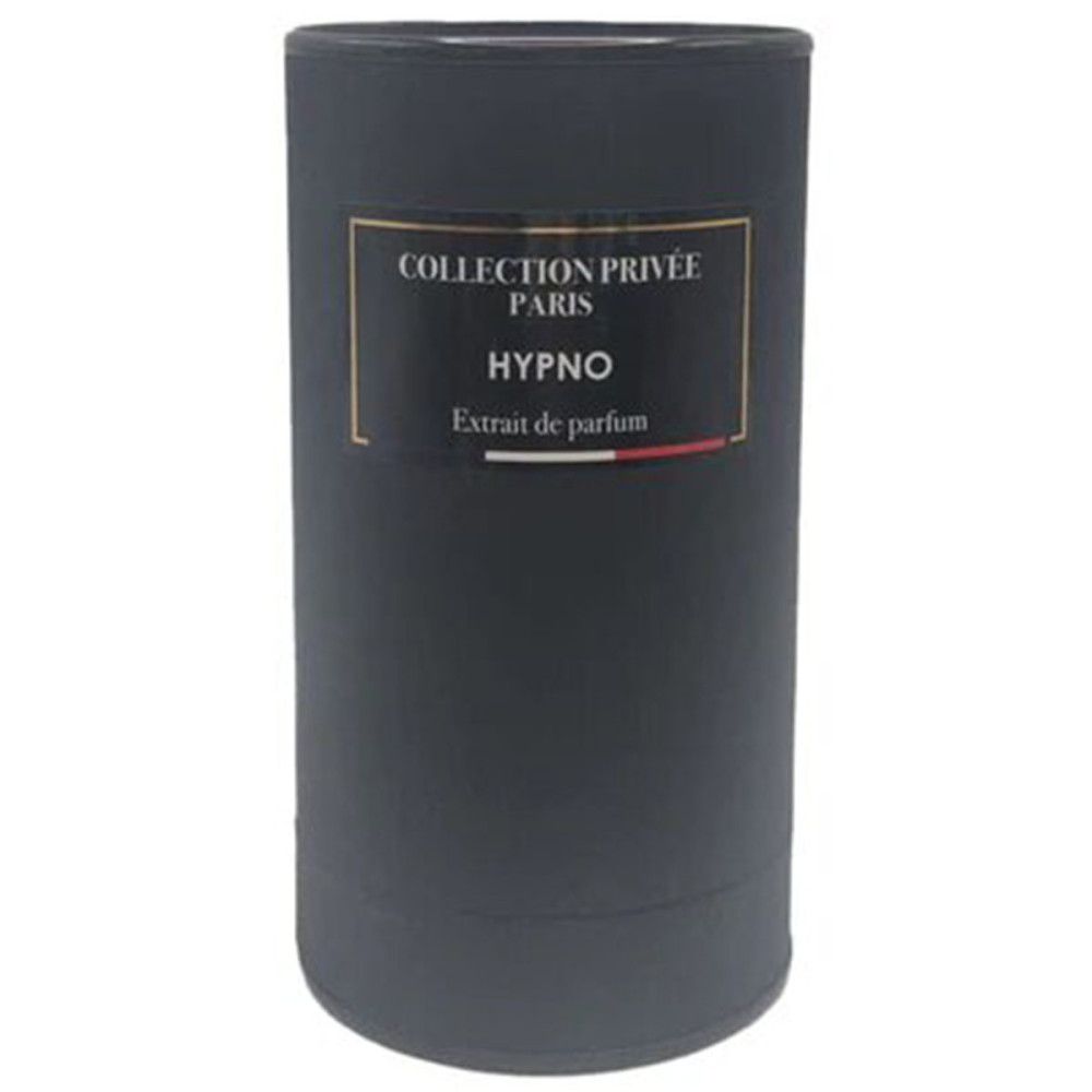 Emballage cylindrique noir. Étiquette avec "COLLECTION PRIVEE PARIS", "HYPNO" et "Extrait de parfum".