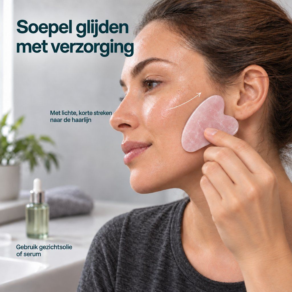 Een vrouw gebruikt een roze Gua Sha steen op haar nek.