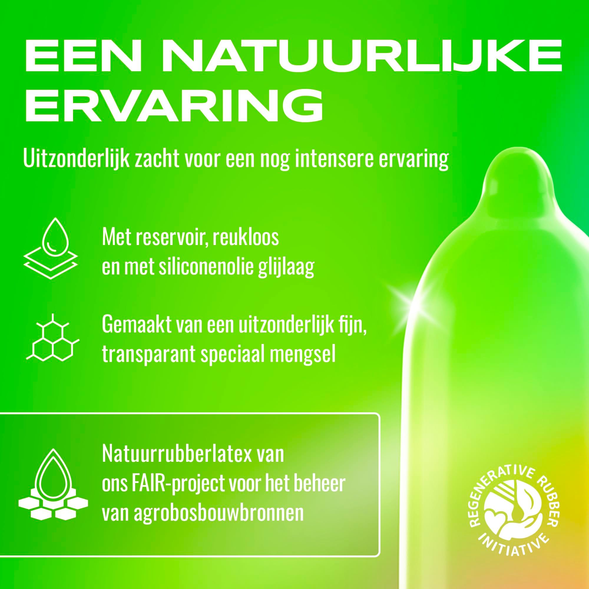 Groen condoom met siliconenolie, transparant, natuurrubber.
