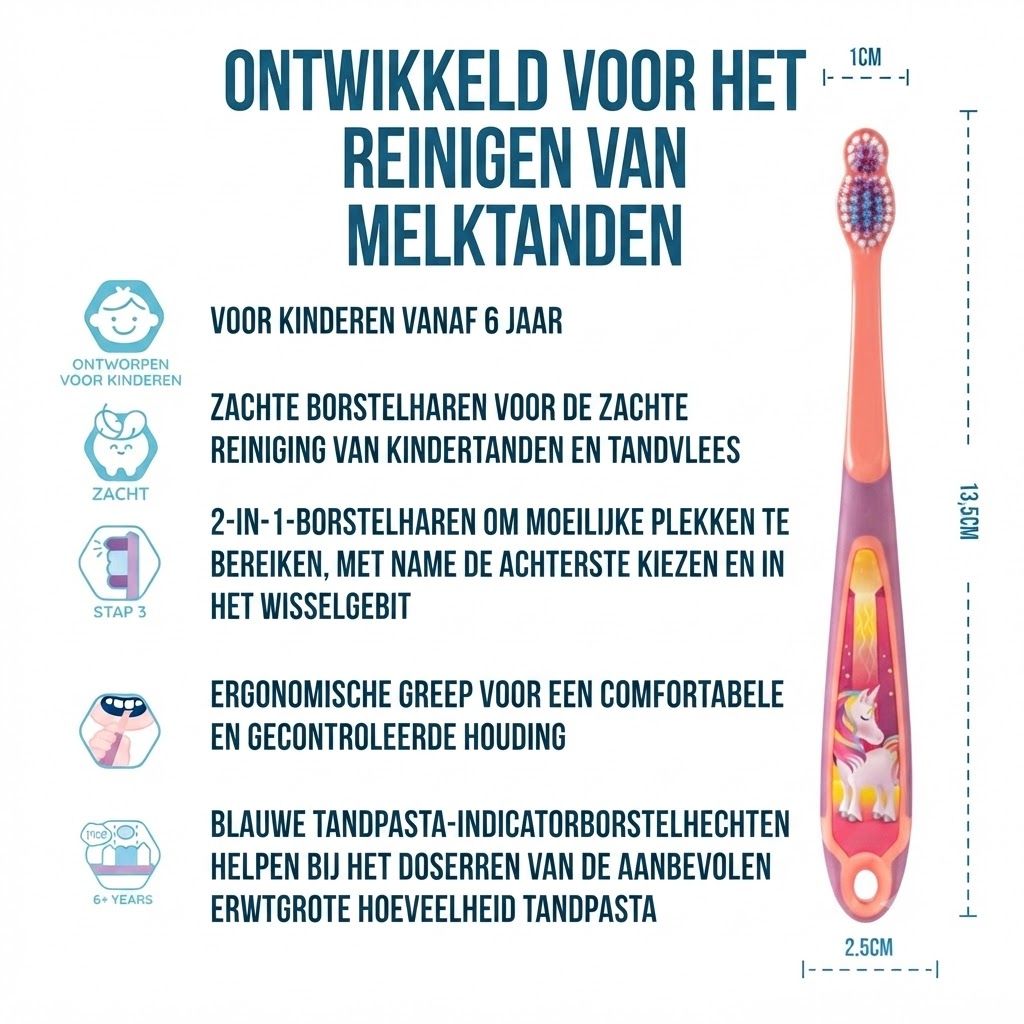 Kinder tandenborstel met eenhoorn design, 13,5 cm lang, 2,5 cm breed, 1 cm borstelkop. Zachte borstelharen, ergonomisch handvat.