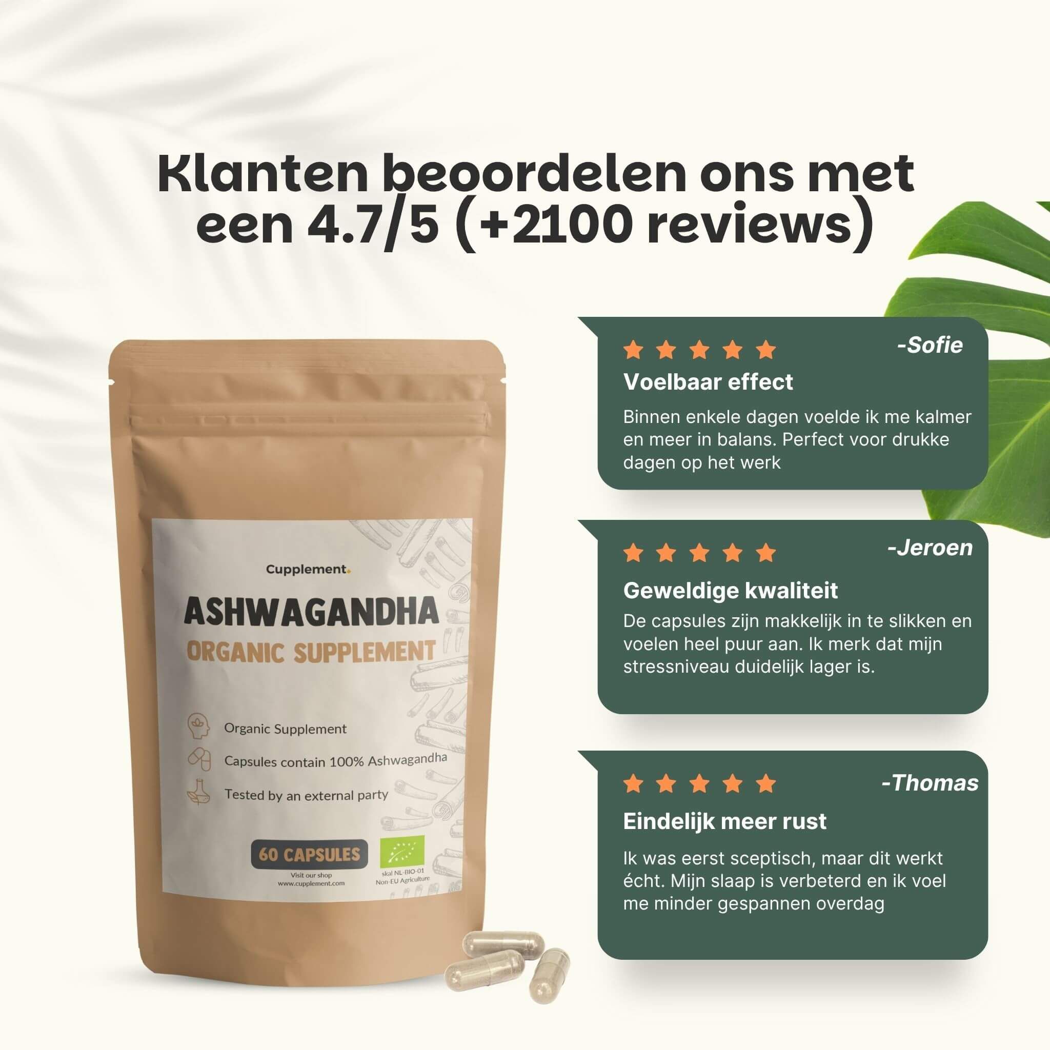 Houten kom met Ashwagandha capsules. Gele markeringen met tekst. Achtergrond met tekst.
