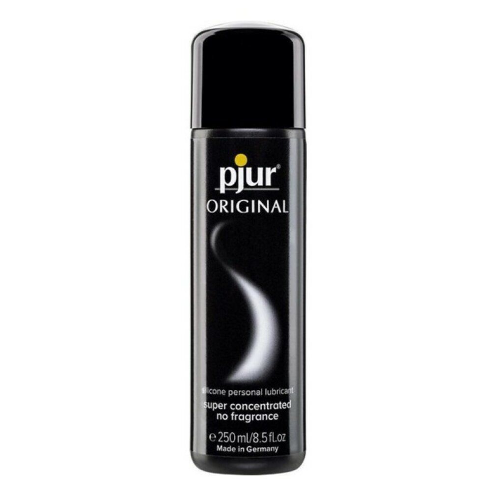 Flacon noir avec logo jaune "pjur ORIGINAL". Texte: SILICONE personal lubricant, super concentrated no fragrance, 250ml/8.5 fl.oz, Made in Germany.