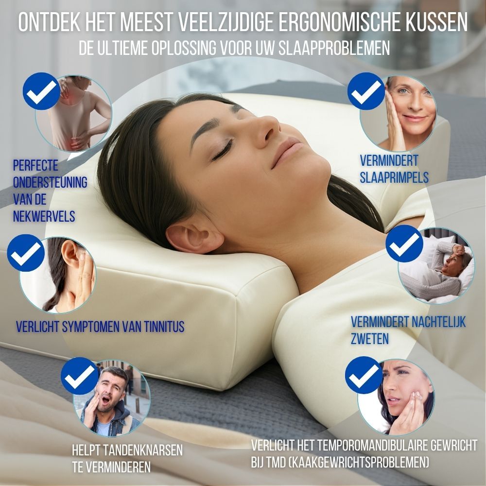 Close-up van een ergonomisch kussen. Tekst en diagrammen. Tekst: Anti-rimpel ontwerp. Diagrammen.