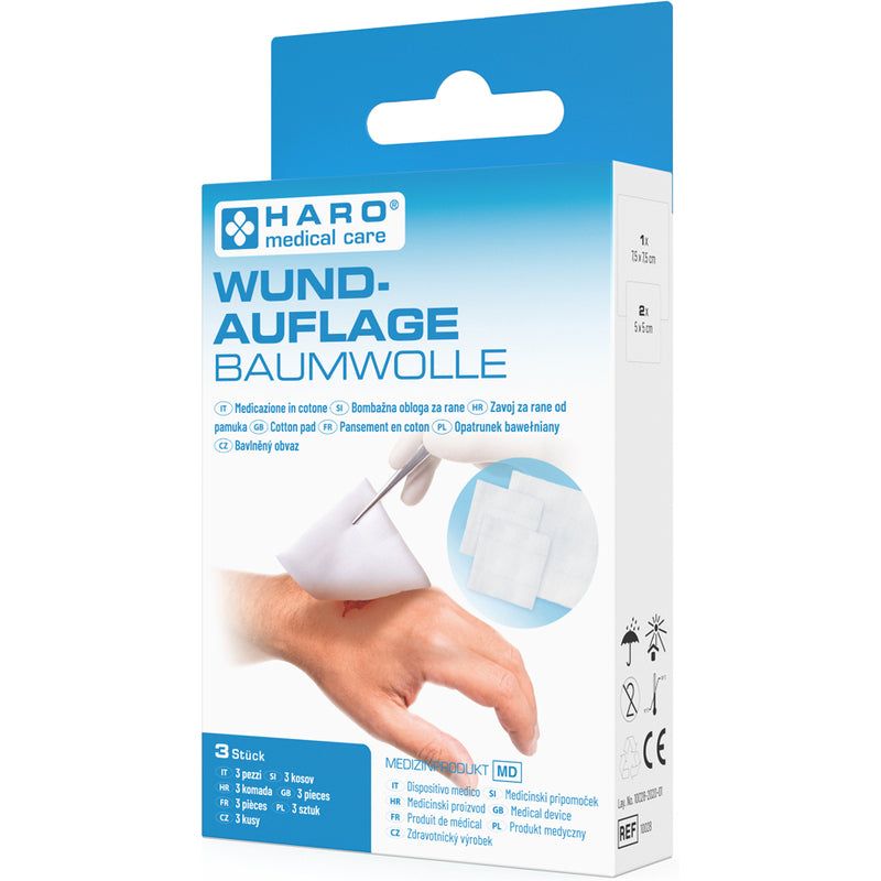 Emballage Haro Wundauflage Baumwolle. 3 pièces. Compresses de coton sur une main. Dispositif médical.
