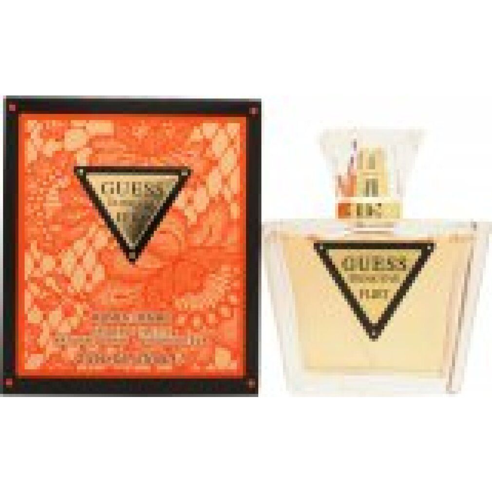 Guess Seductive Flirt fles en verpakking. Fles met gouden sluiting. Oranje verpakking met bloemmotief en logo.