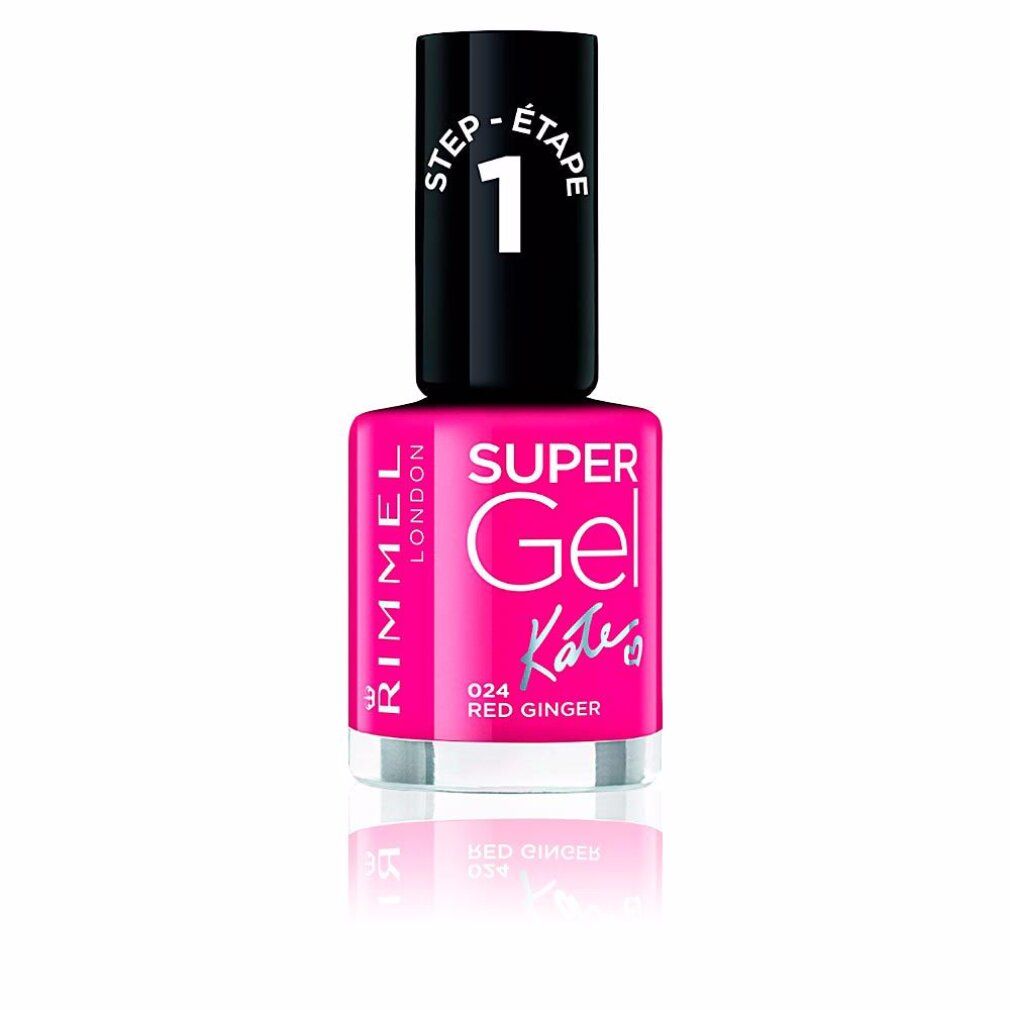 Vernis à ongles Rimmel Super Gel, rouge. Bouchon noir avec texte blanc. Inscription: Super Gel Kate's, 024 Red Ginger.