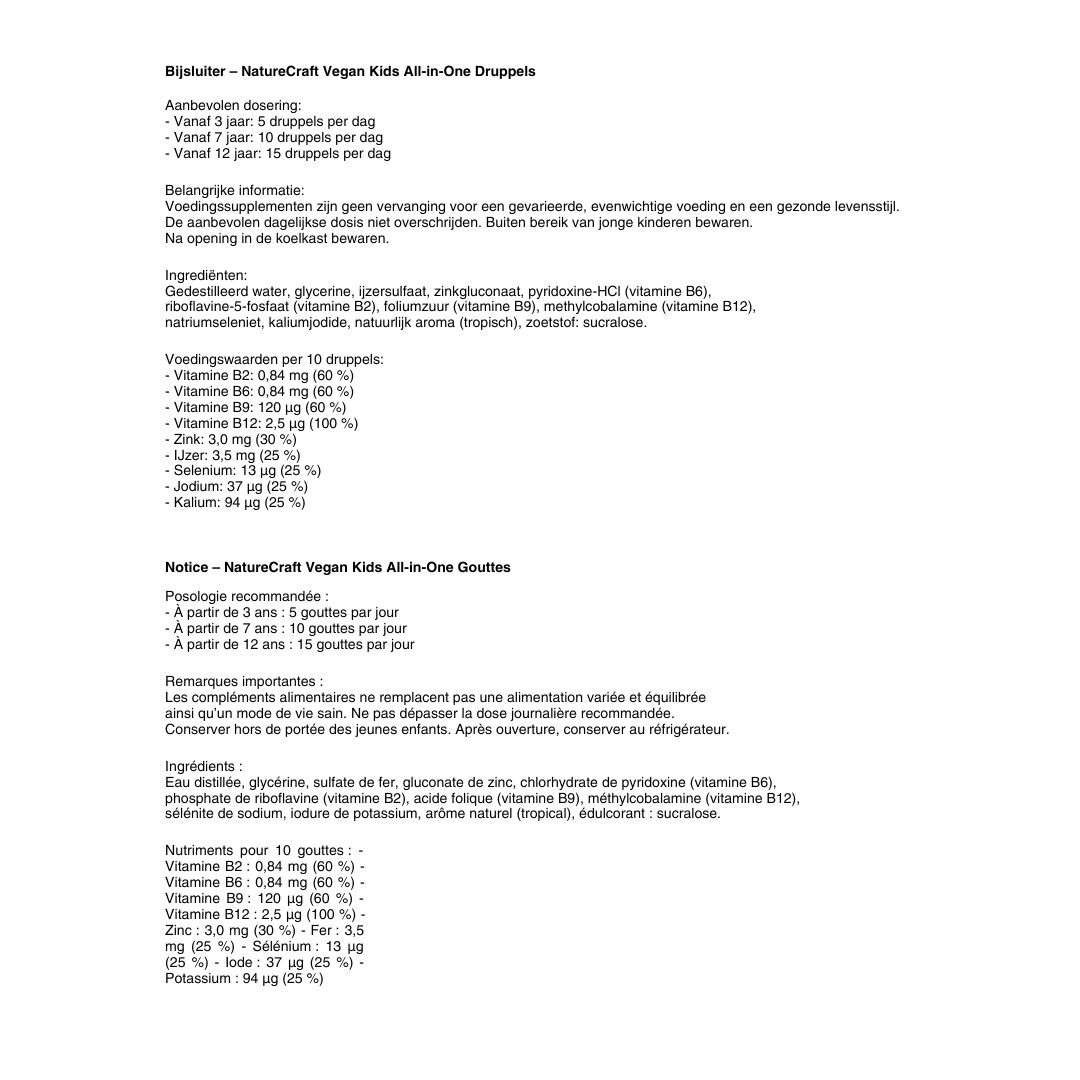 Notice avec dosage et ingrédients. Texte: NatureCraft Vegan Kids All-in-One. Contient des informations sur les vitamines.