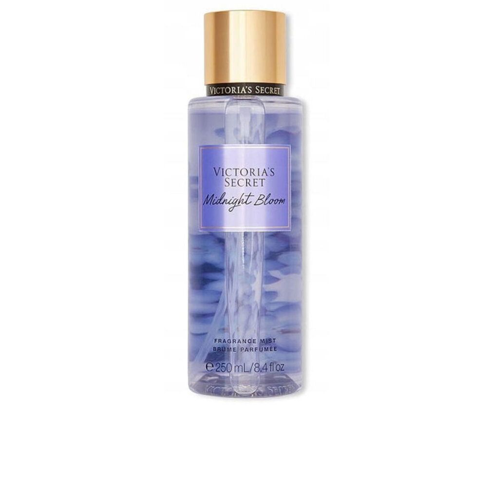 Victoria's Secret Midnight Bloom brume corporelle, 250ml. Liquide violet dans un flacon transparent avec bouchon doré.