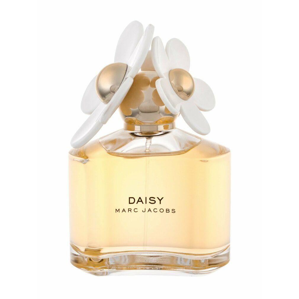 Parfumflesje Daisy Marc Jacobs met witte bloem. Opschrift: DAISY MARC JACOBS. Transparant flesje.