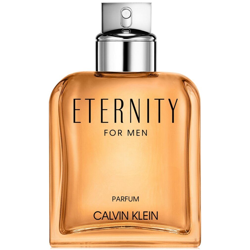 Parfumfles met zilveren dop. Tekst "ETERNITY FOR MEN" en "CALVIN KLEIN". Vloeistof amberkleurig.