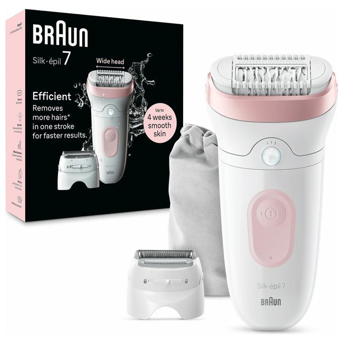 Épilateur blanc et rose, accessoires et emballage. Marque: Braun Silk-épil 7. Efficace, pour une peau lisse.